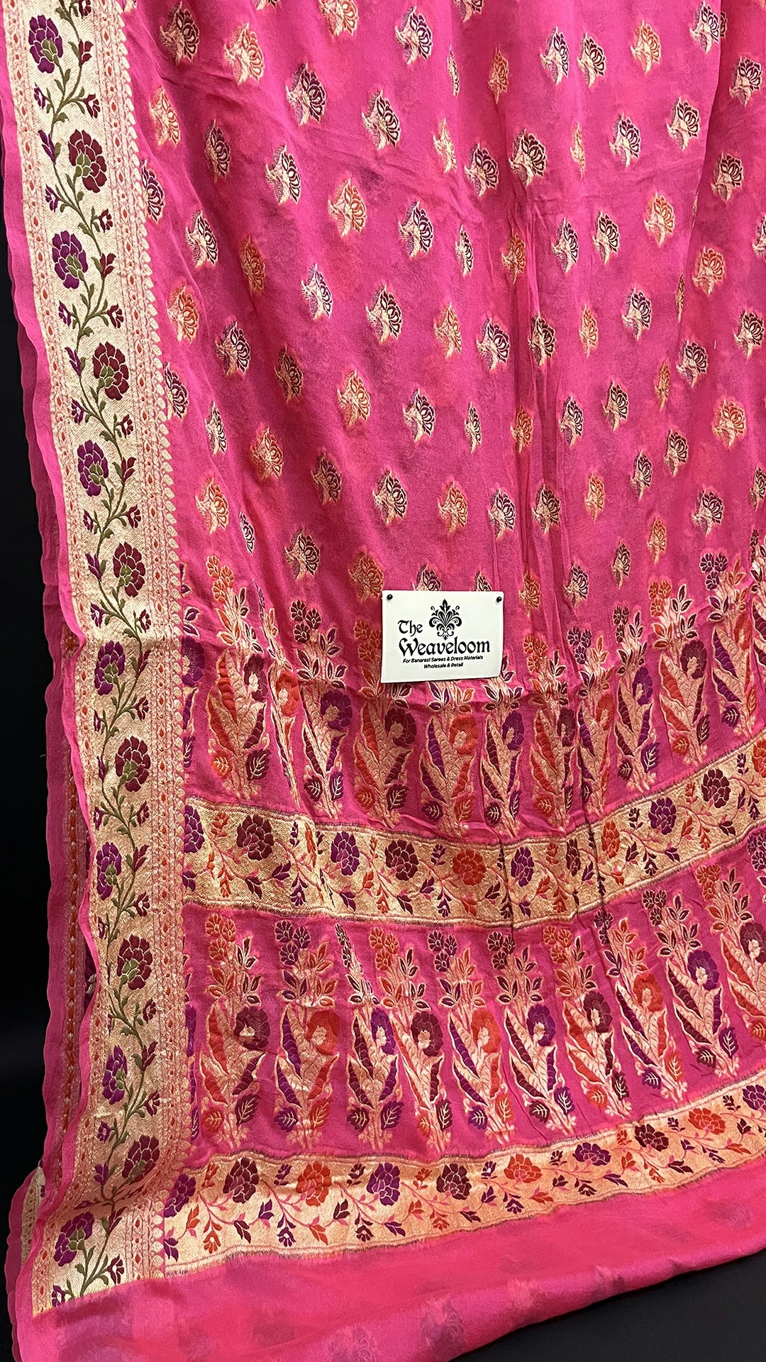 Pink Floral Meenakari Work Crepe Georgette Pure Banarasi Saree with Golden Zari Border The Weaveloom