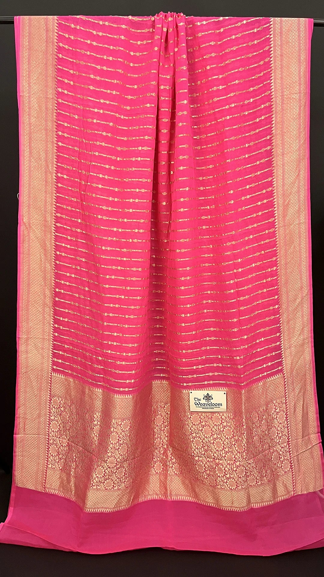 Pink Khaddi Georgette Pure Banarasi Saree with Water Zari Stripes and Floral Border by The Weaveloom