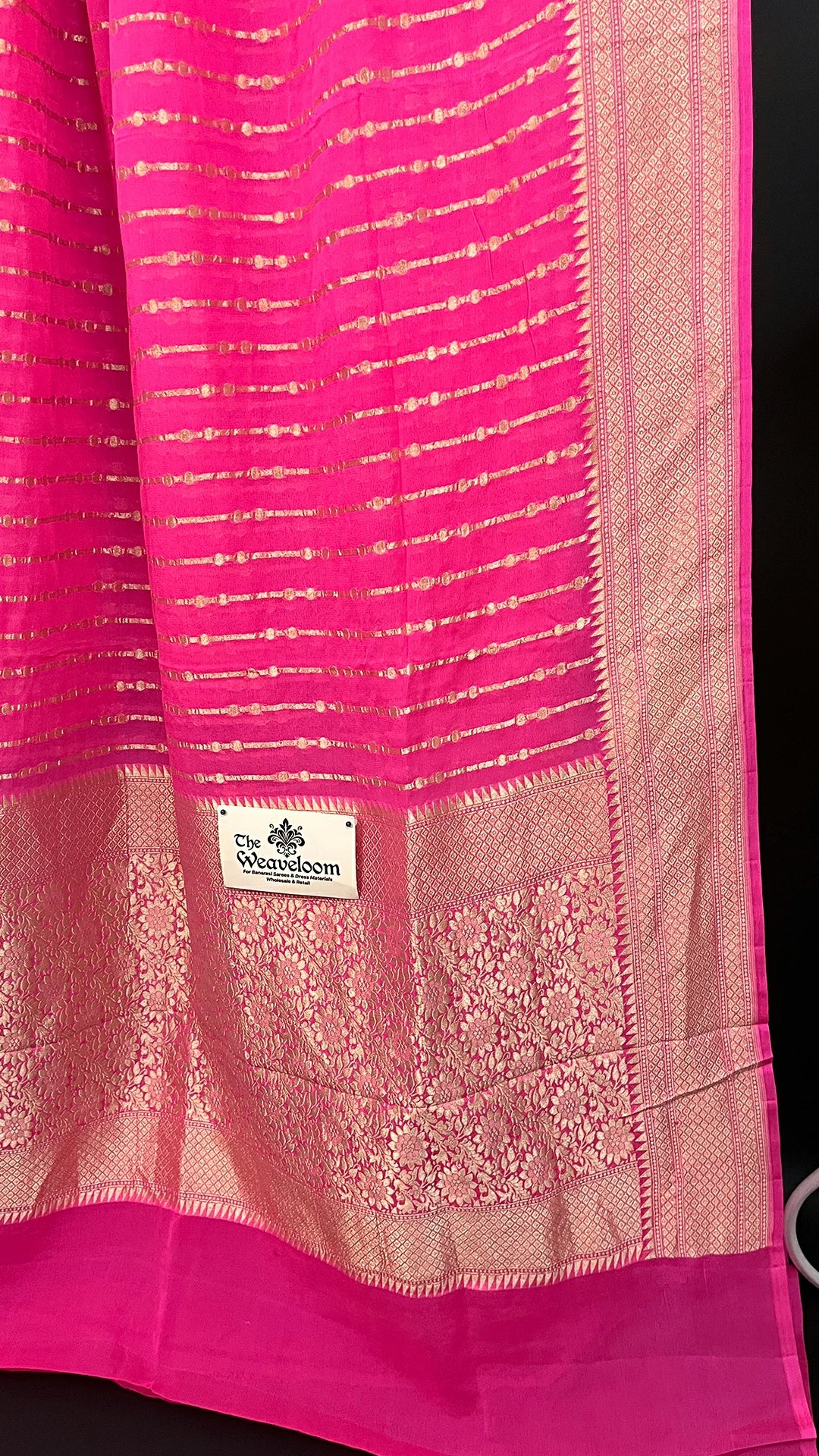 Pink Khaddi Georgette Pure Banarasi Saree with Water Zari Stripes and Floral Border by The Weaveloom