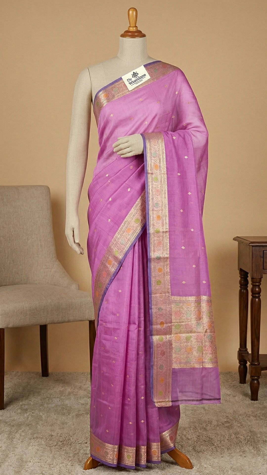 Pink Kora Silk Banarasi Saree with Golden Zari Buti Multicolor Border The Weaveloom