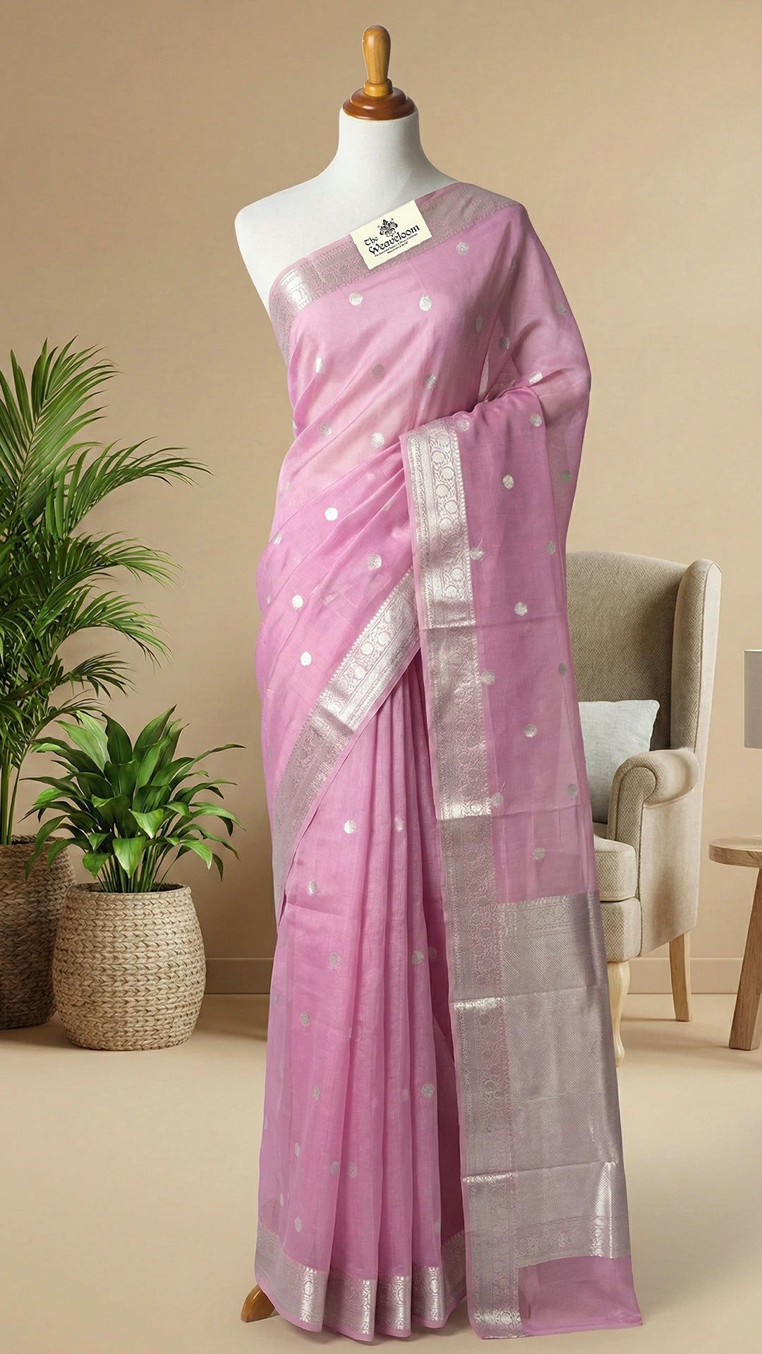 Pink Kora Silk Pure Handloom Banarasi Saree with Silver Zari Border and Striped Blouse by The Weaveloom
