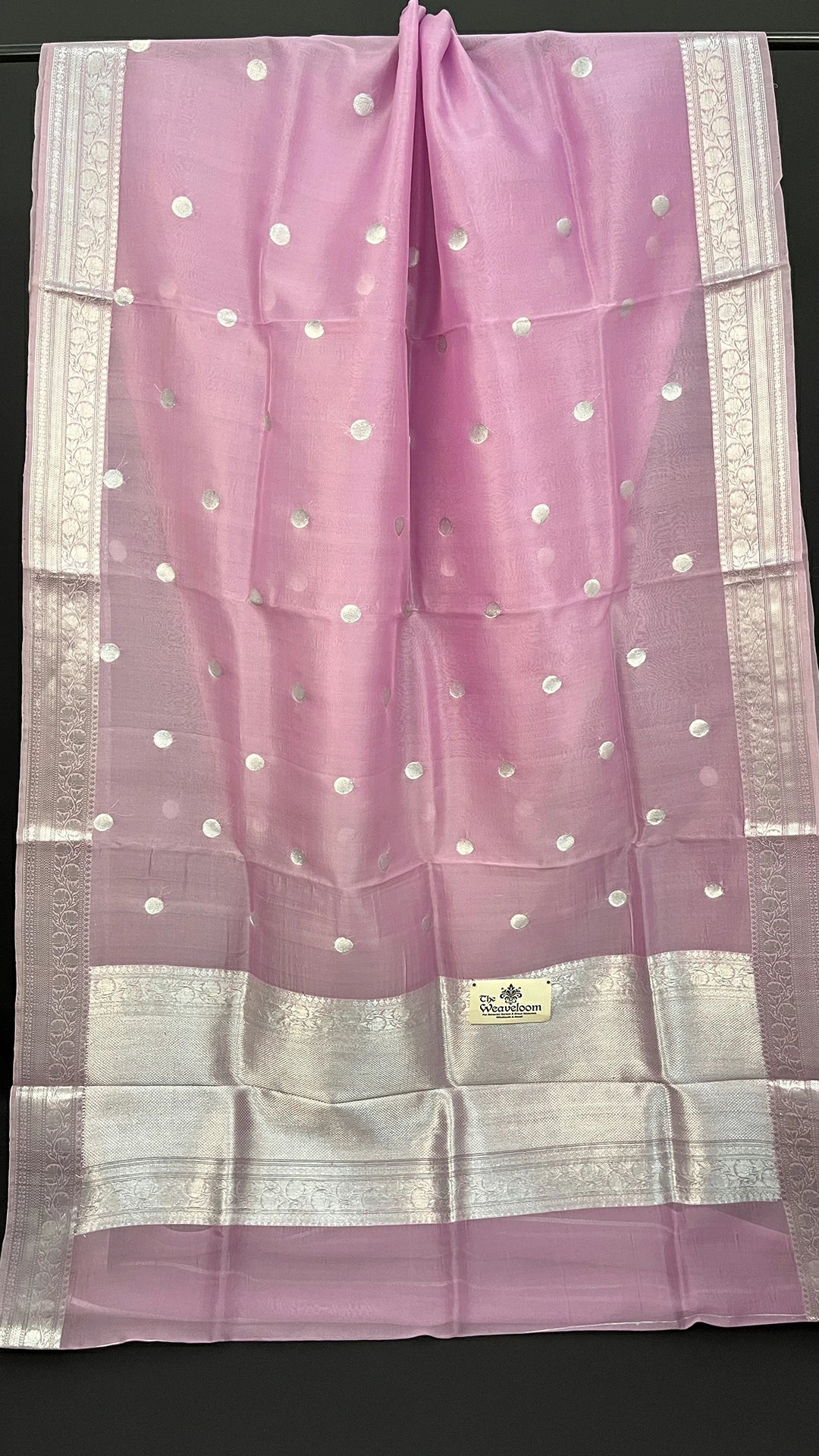 Pink Kora Silk Pure Handloom Banarasi Saree with Silver Zari Border and Striped Blouse by The Weaveloom