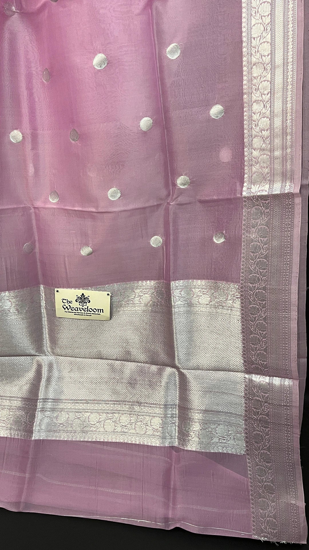 Pink Kora Silk Pure Handloom Banarasi Saree with Silver Zari Border and Striped Blouse by The Weaveloom
