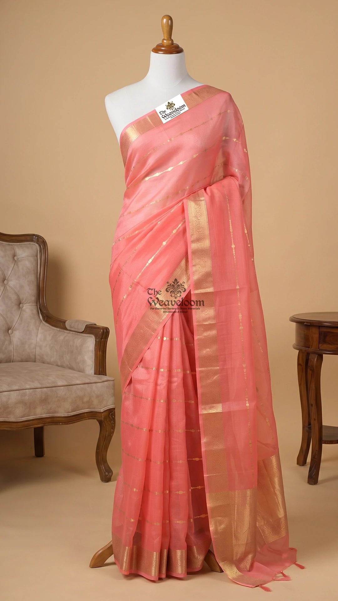 Pink Kora Silk Pure Banarasi Saree with Zari Buttis Border by The Weaveloom