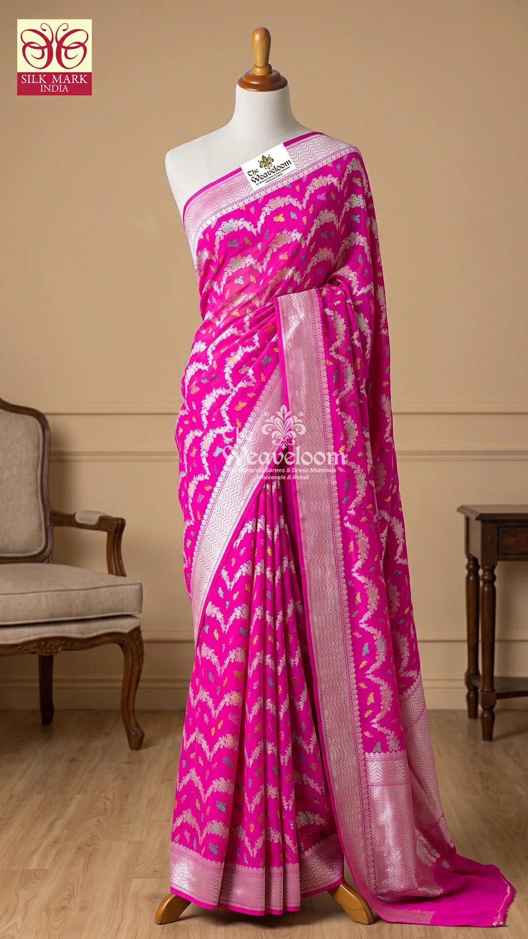 Pink Meenakari Khaddi Georgette Wavy Jaal Pure Banarasi Saree