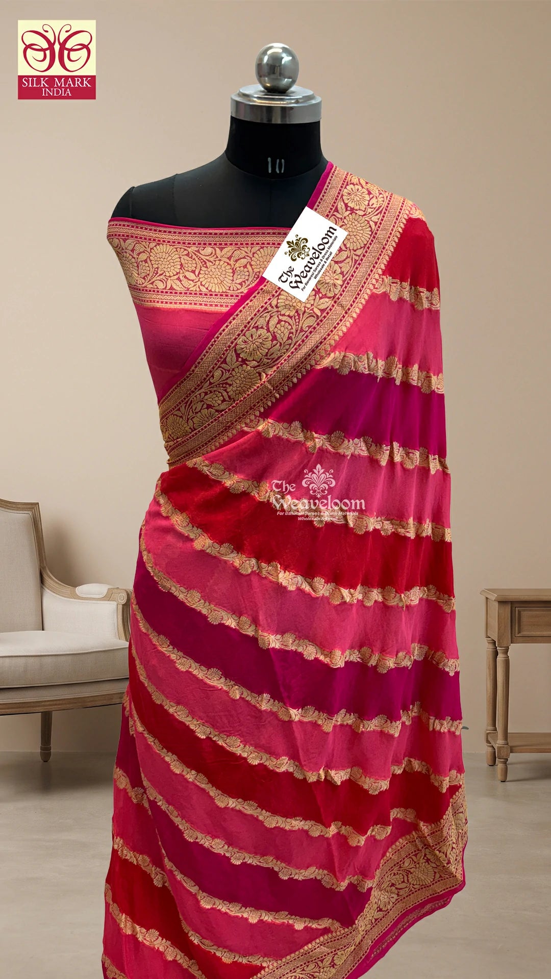 Pink multicolor rangkat diagonal stripe pure crepe georgette pure Banarasi saree by The Weaveloom