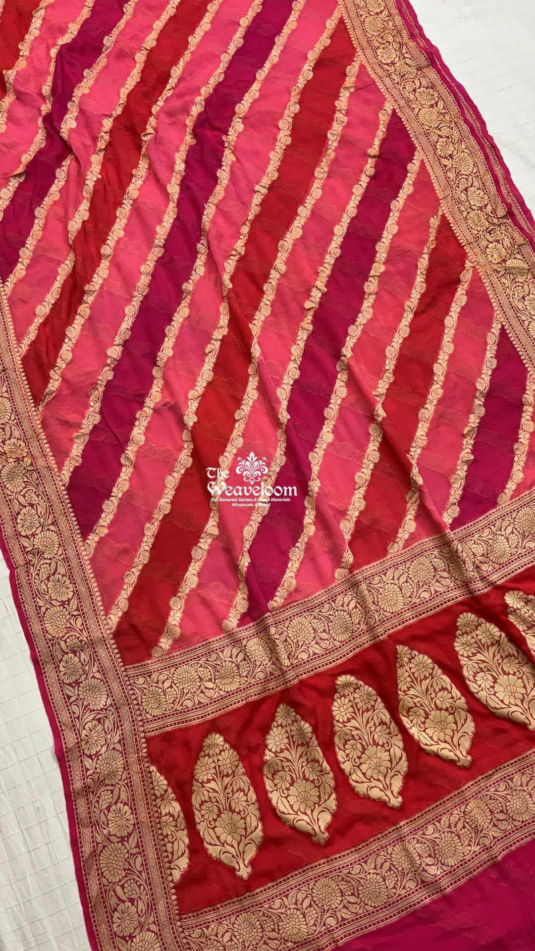 Pink multicolor rangkat diagonal stripe pure crepe georgette pure Banarasi saree by The Weaveloom