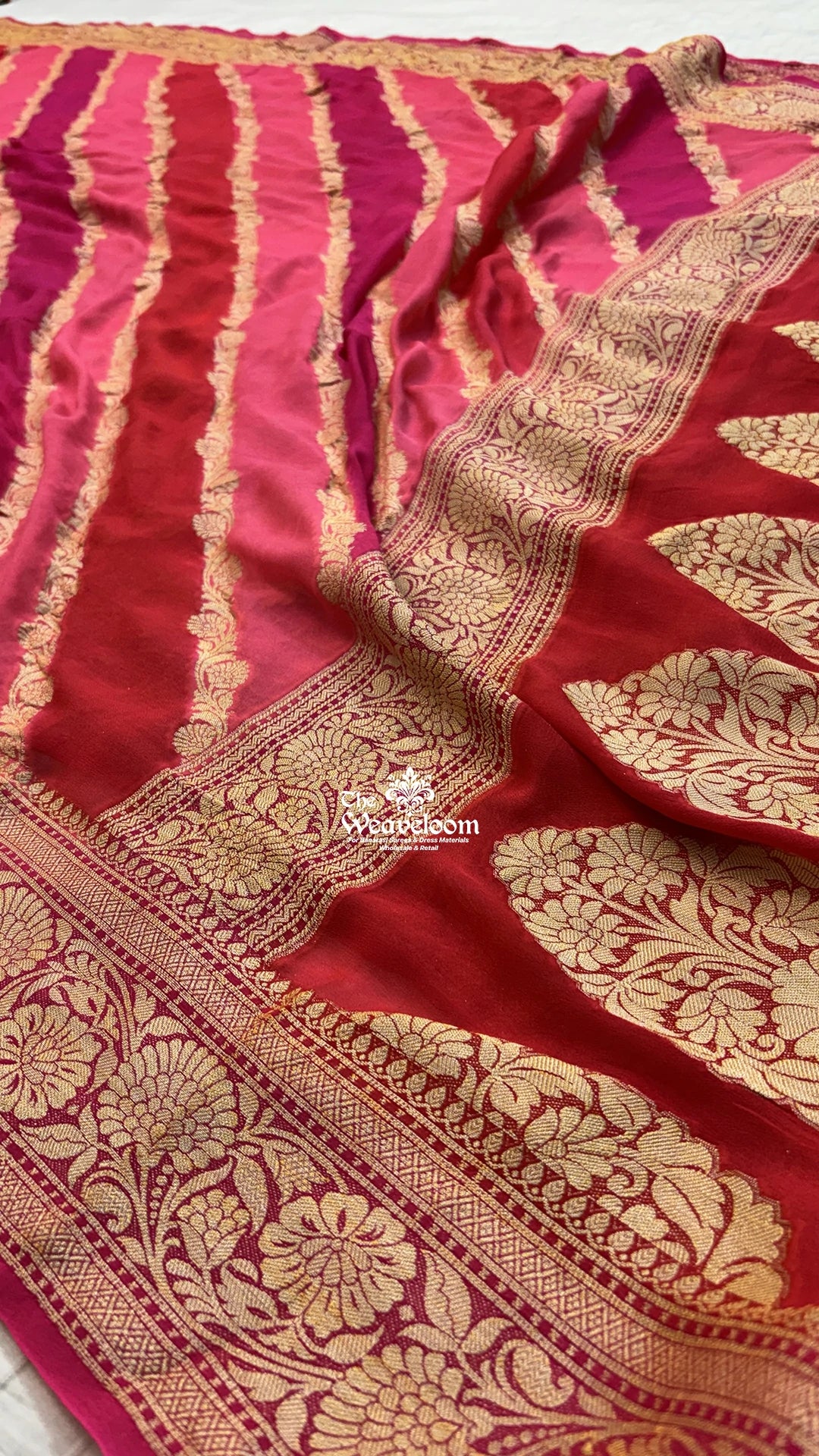 Pink multicolor rangkat diagonal stripe pure crepe georgette pure Banarasi saree by The Weaveloom