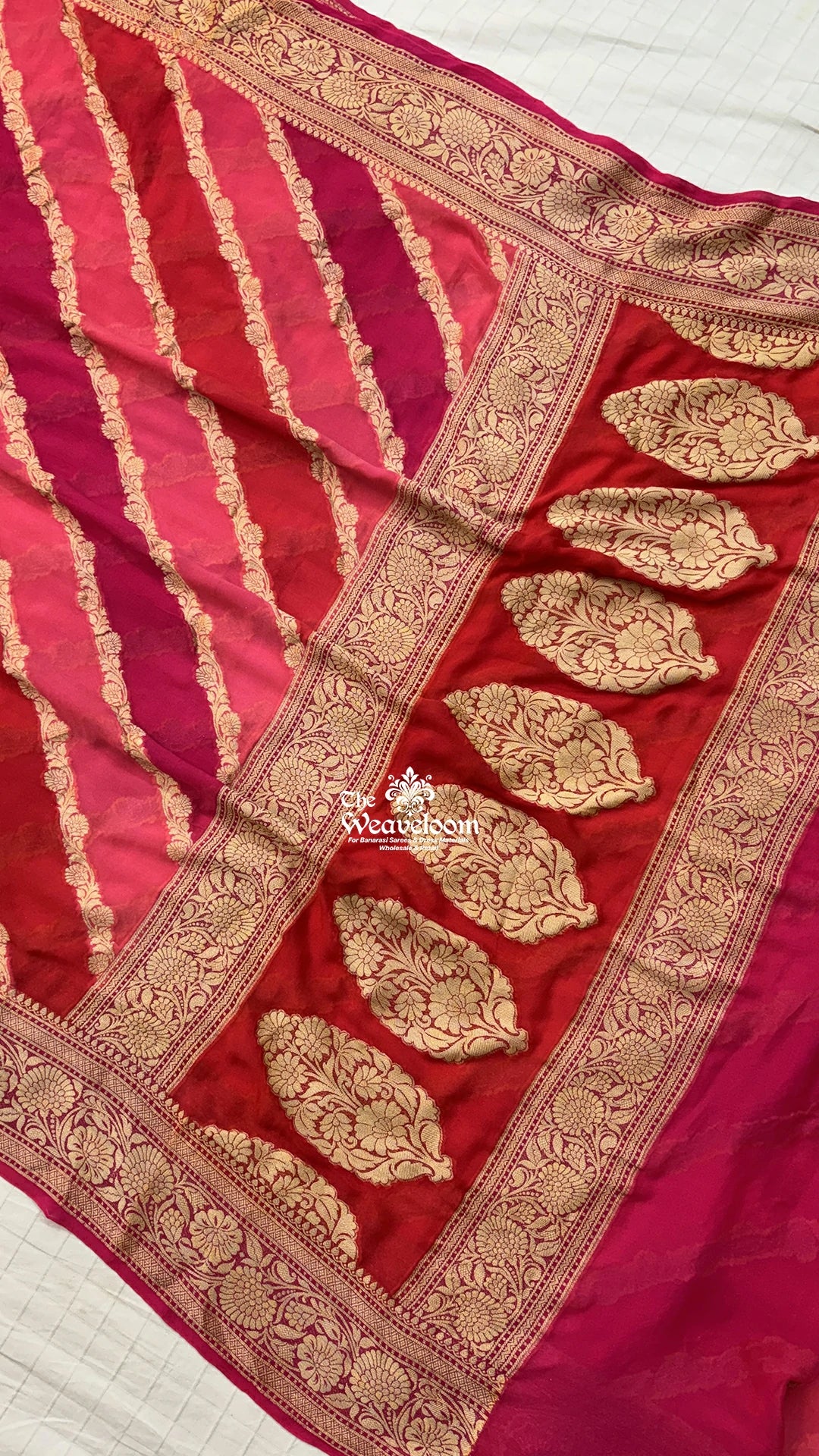Pink Multicolor Rangkat Pure Crepe Georgette Diagonal Stripe Pure Banarasi Saree