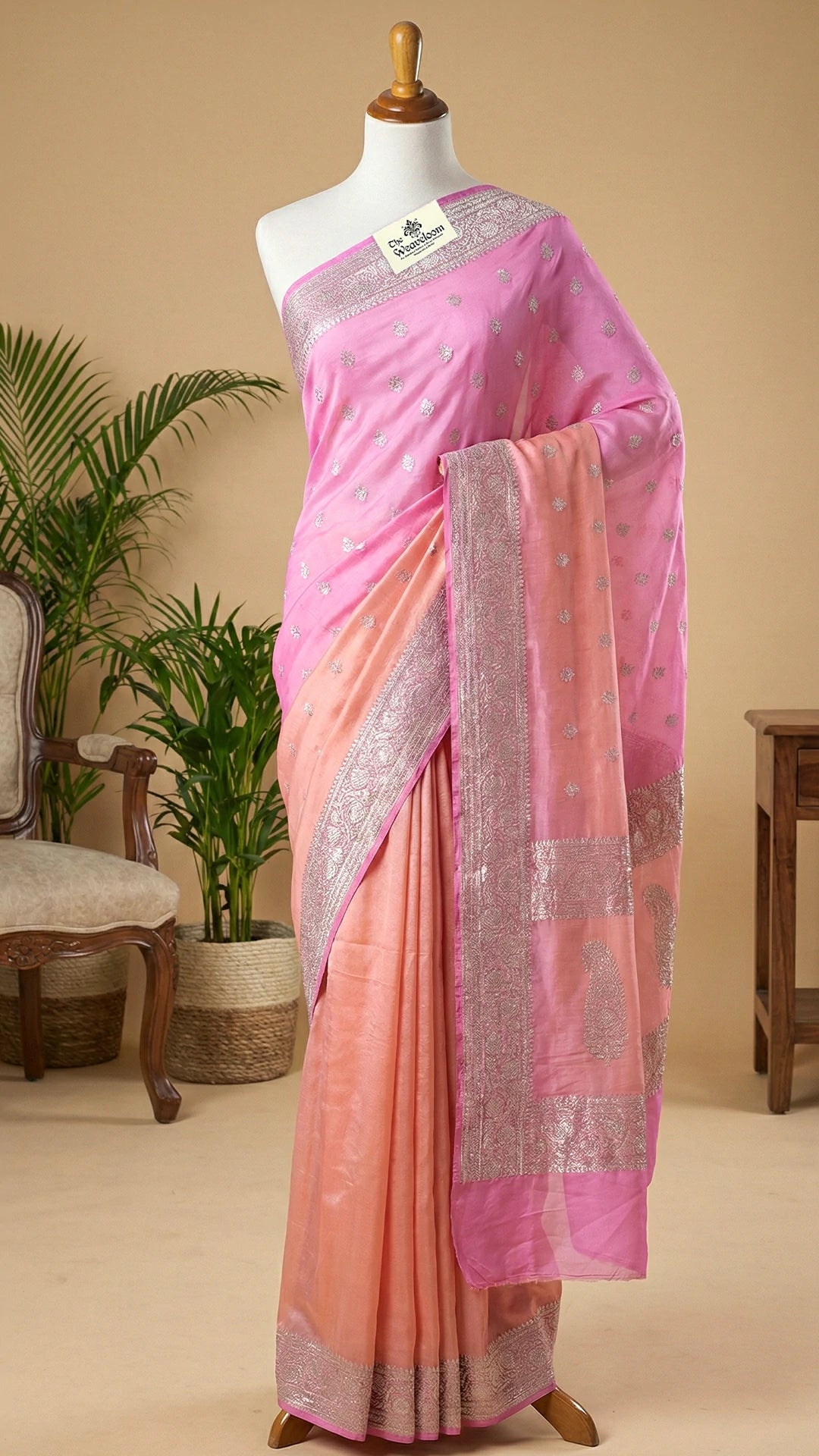 Pink & Peach Dual Tone Khaddi Georgette Banarasi Saree with Silver Zari Border & Floral Motifs by The Weaveloom
