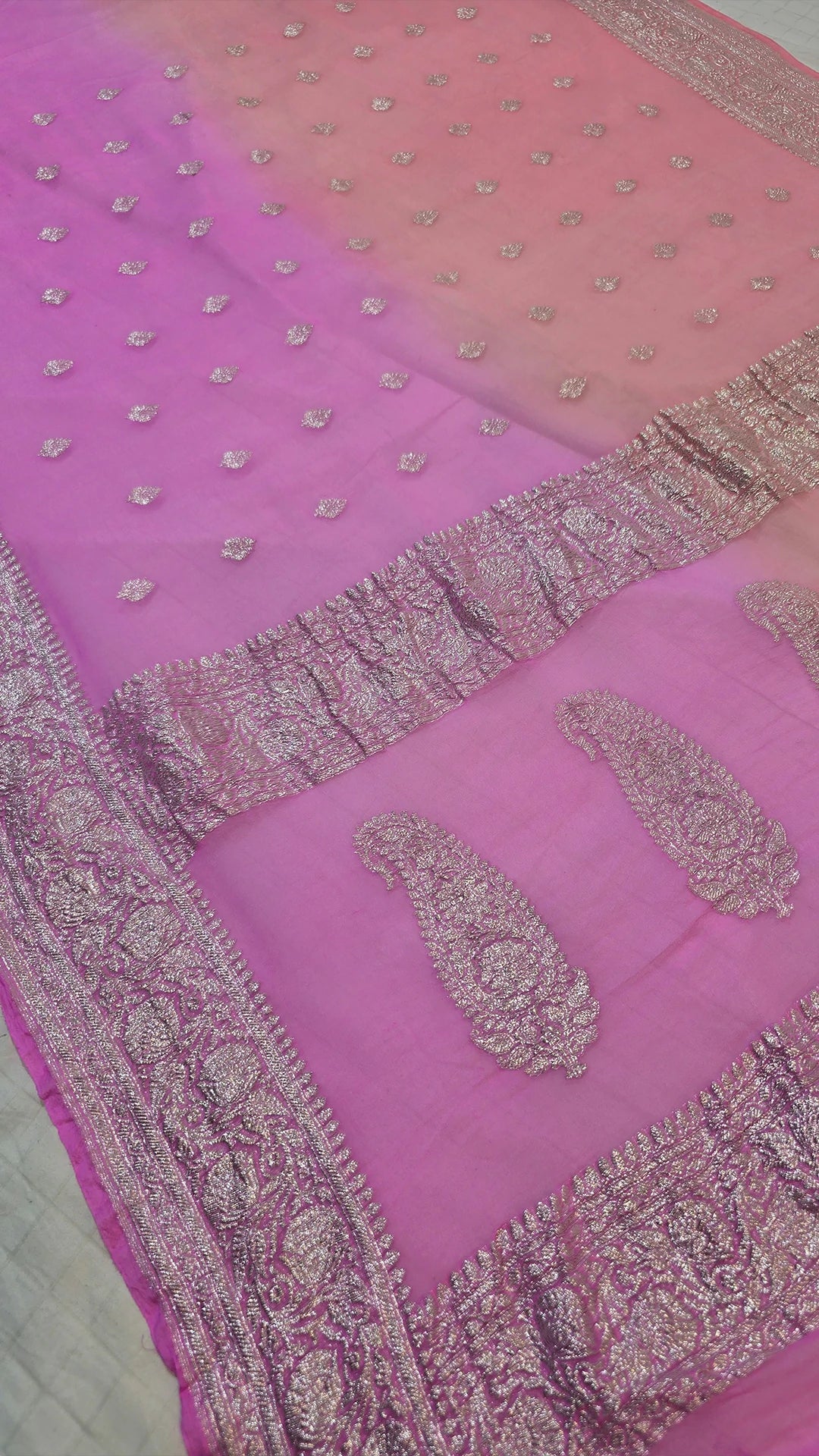 Pink & Peach Dual Tone Khaddi Georgette Banarasi Saree with Silver Zari Border & Floral Motifs by The Weaveloom