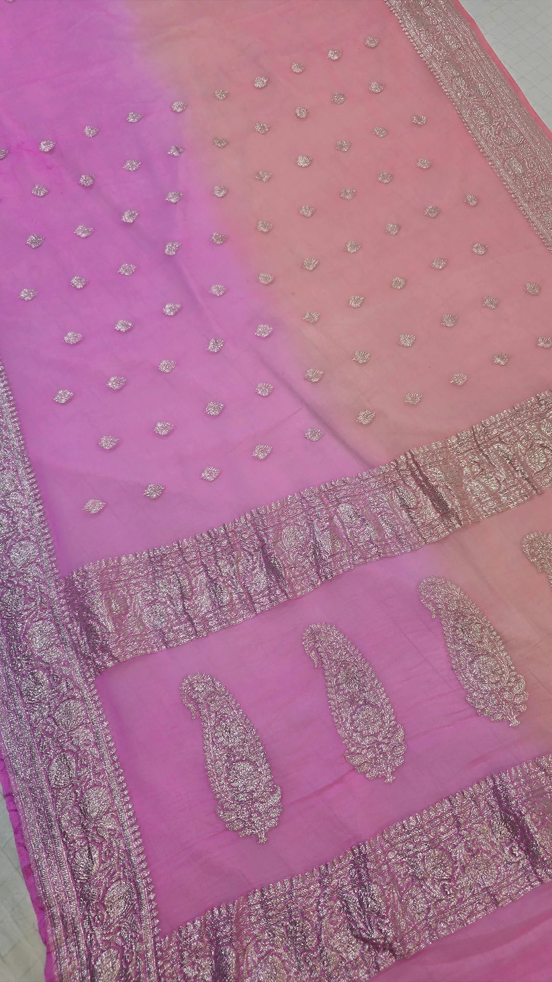 Pink & Peach Dual Tone Khaddi Georgette Banarasi Saree with Silver Zari Border & Floral Motifs by The Weaveloom