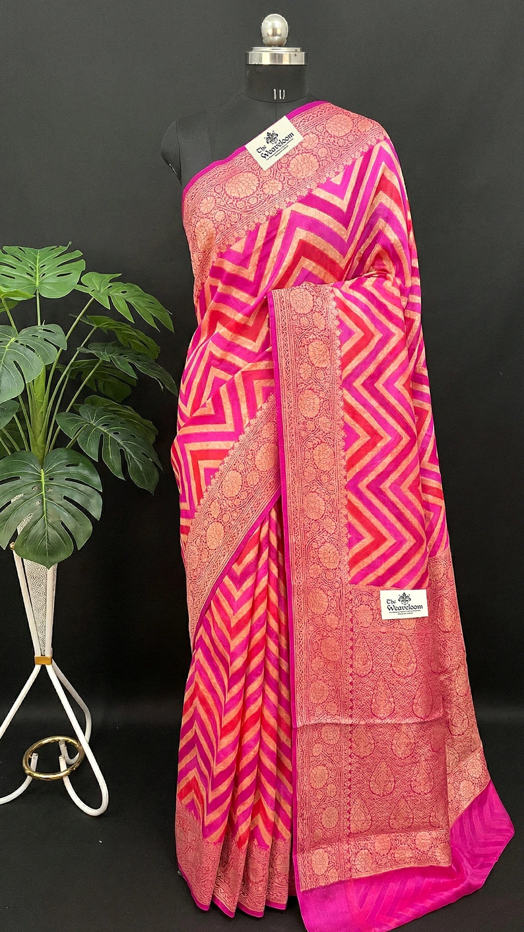 Pink Rangkat Multicolor Chevron Pattern Crepe Georgette Pure Banarasi Saree with Golden Zari by The Weaveloom