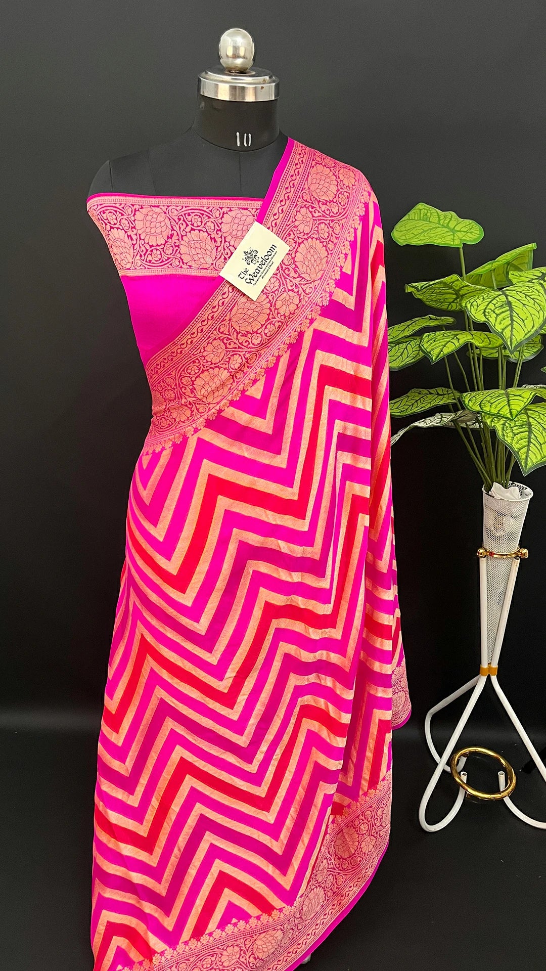 Pink Rangkat Multicolor Chevron Pattern Crepe Georgette Pure Banarasi Saree with Golden Zari by The Weaveloom