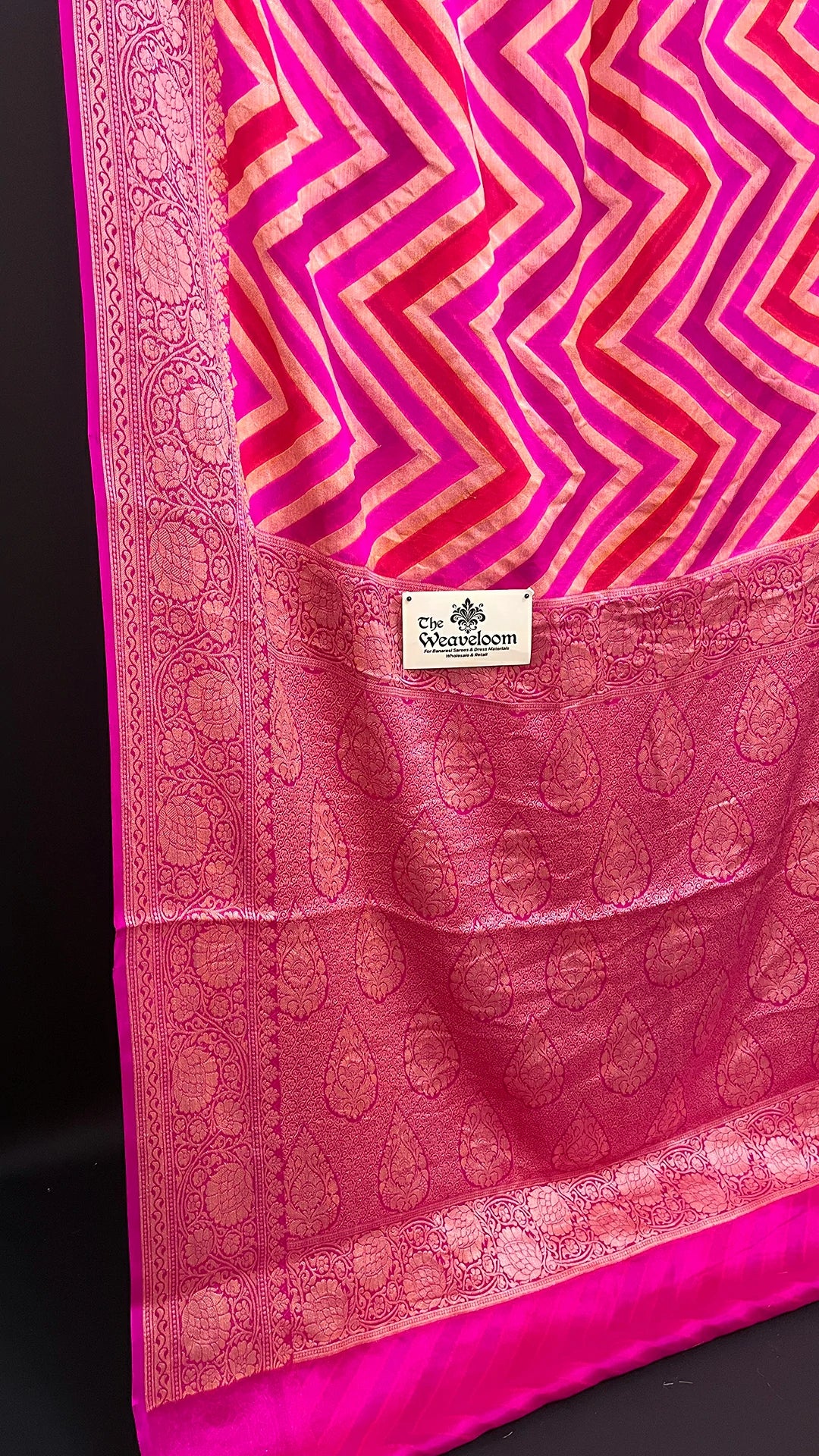 Pink Rangkat Multicolor Chevron Pattern Crepe Georgette Pure Banarasi Saree with Golden Zari by The Weaveloom