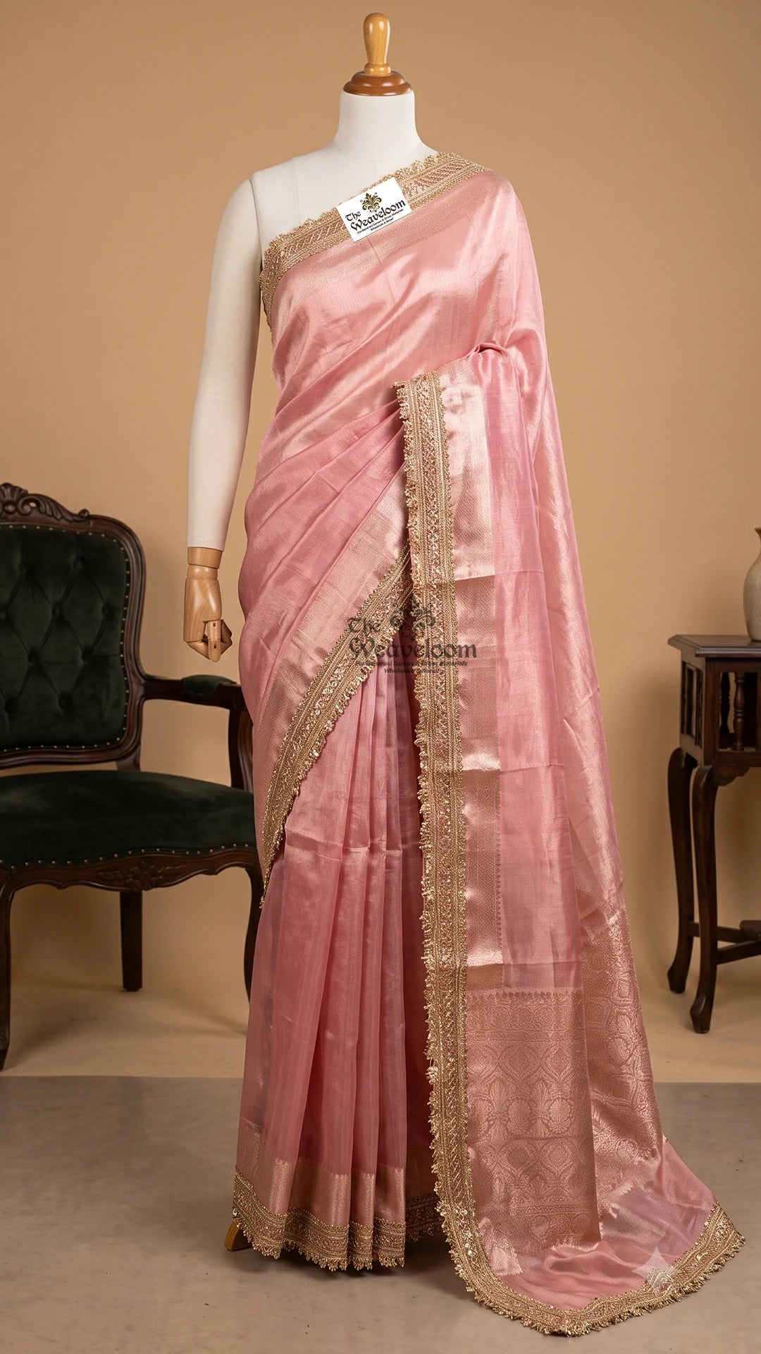 Pink tissue silk pure Banarasi saree with gold sequin lace border by The Weaveloom
