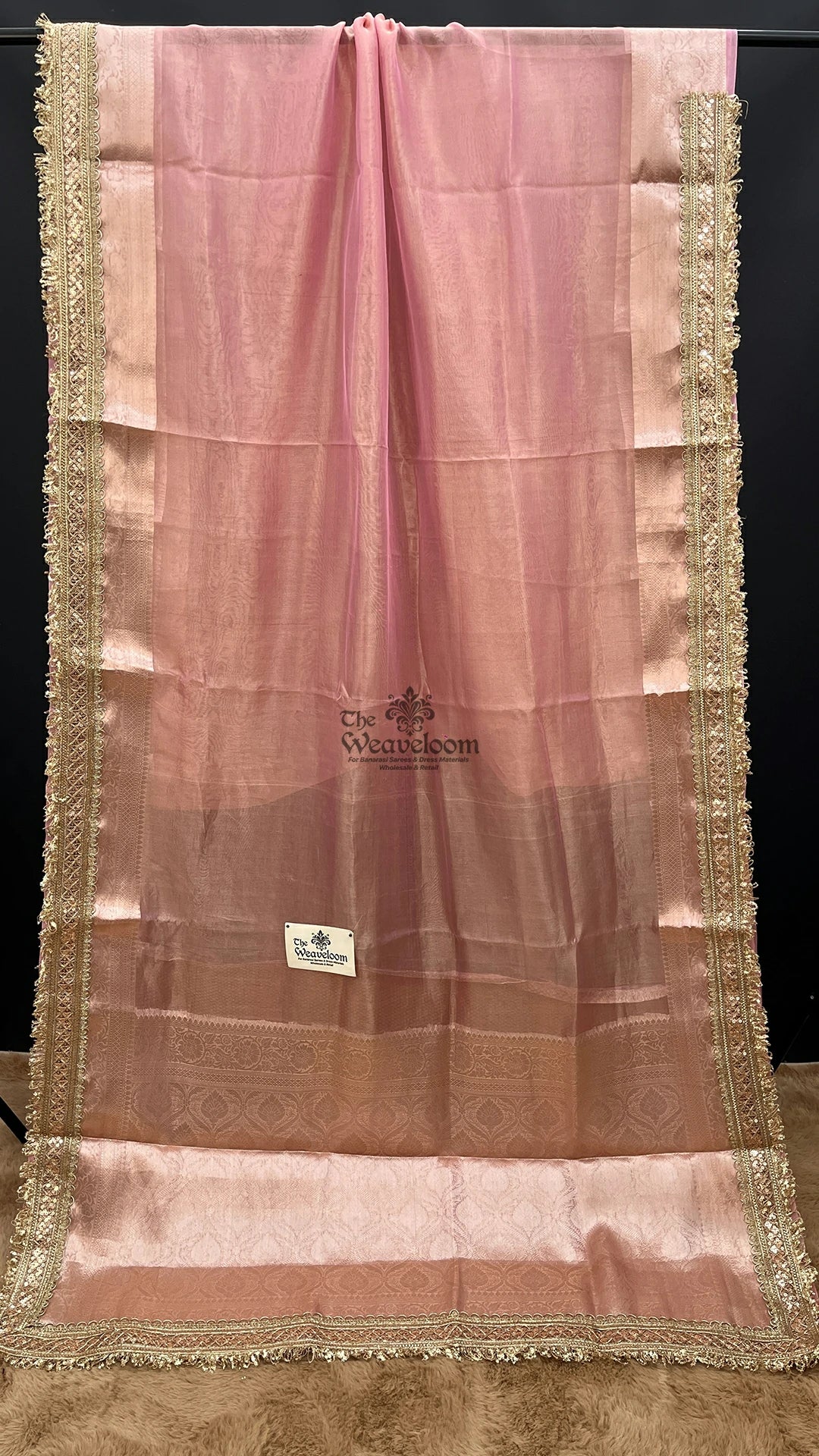 Pink tissue silk pure Banarasi saree with gold sequin lace border by The Weaveloom