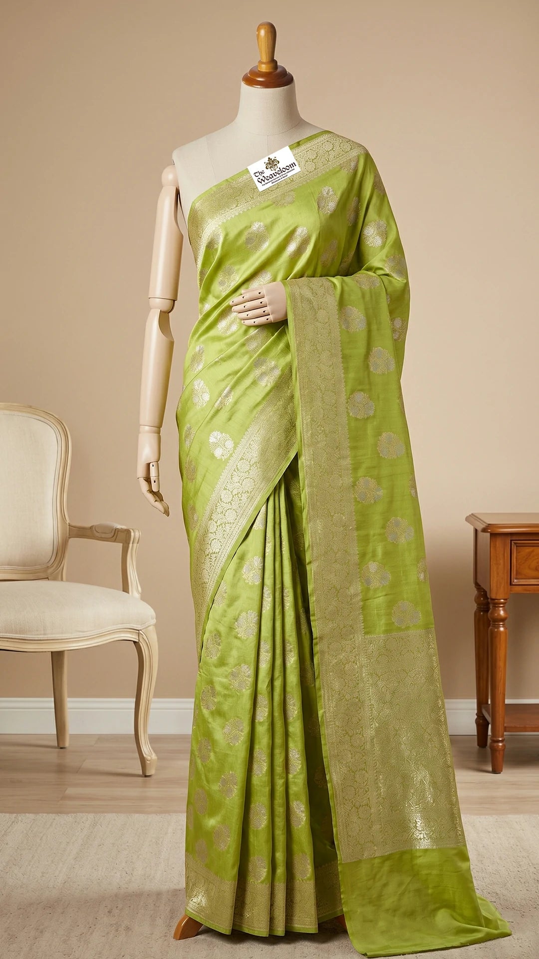 Pista Green Pure Dupion Silk Banarasi Saree with Floral Buti Gold Zari Jaal Pallu by The Weaveloom