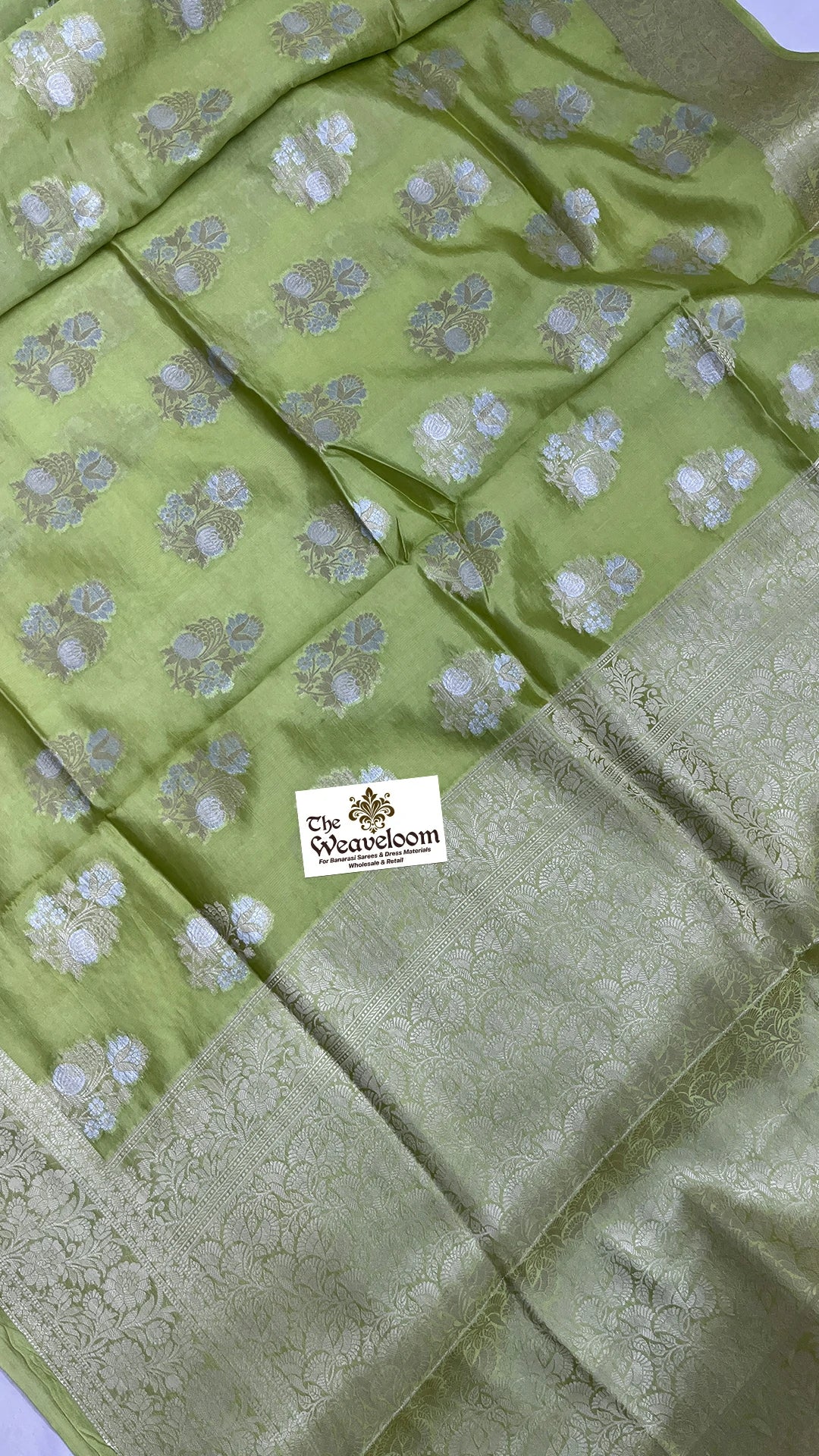 Pista Green Pure Dupion Silk Banarasi Saree with Floral Buti Gold Zari Jaal Pallu by The Weaveloom