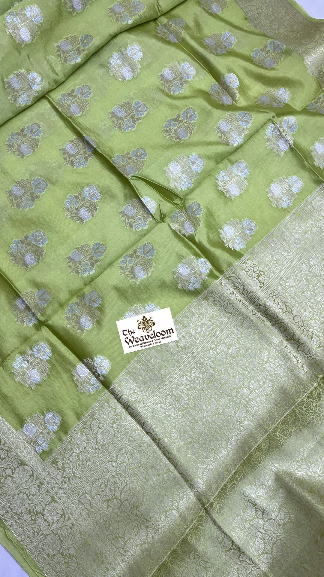 Pista Green Pure Dupion Silk Banarasi Saree with Floral Buti Gold Zari Jaal Pallu by The Weaveloom