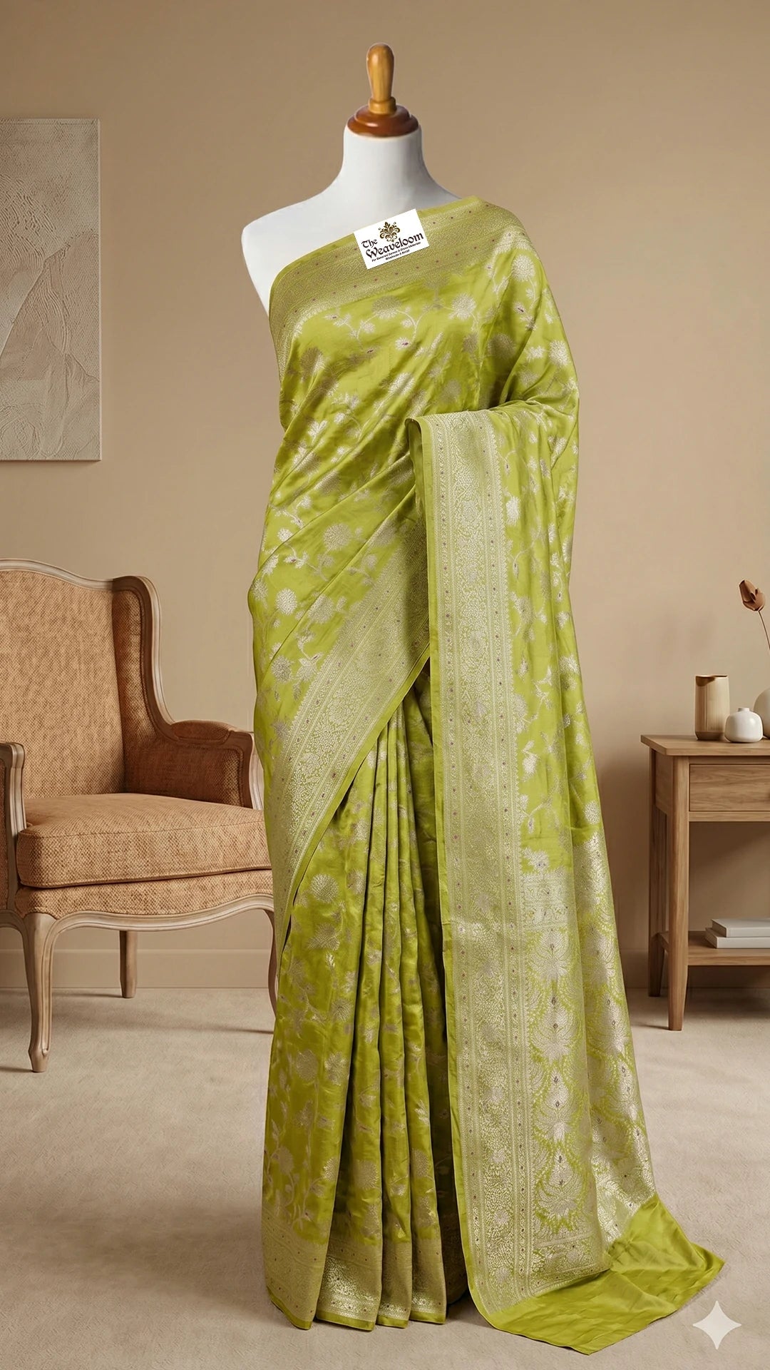 Pista Green Pure Dupion Silk Banarasi Saree with Floral Jaal and Meenakari Pallu by The Weaveloom