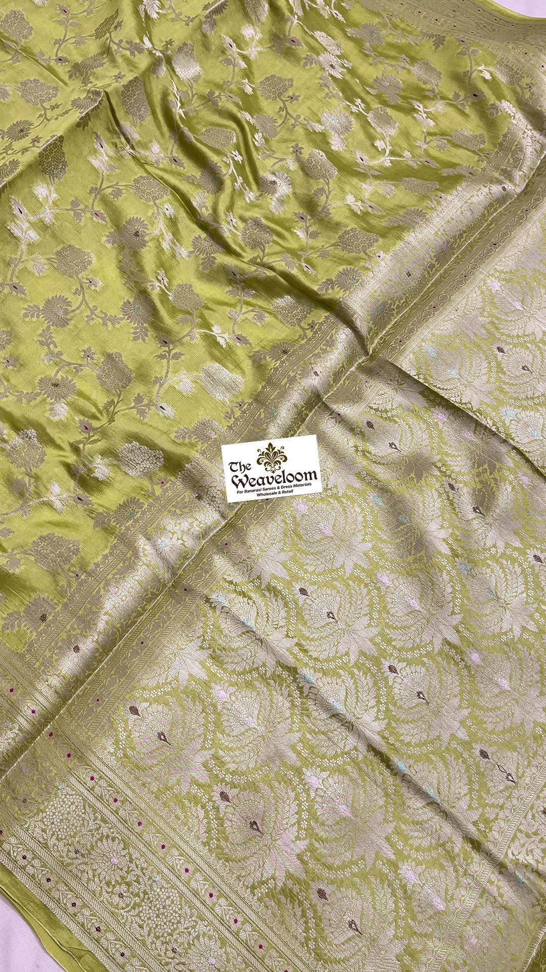 Pista Green Pure Dupion Silk Banarasi Saree with Floral Jaal and Meenakari Pallu by The Weaveloom