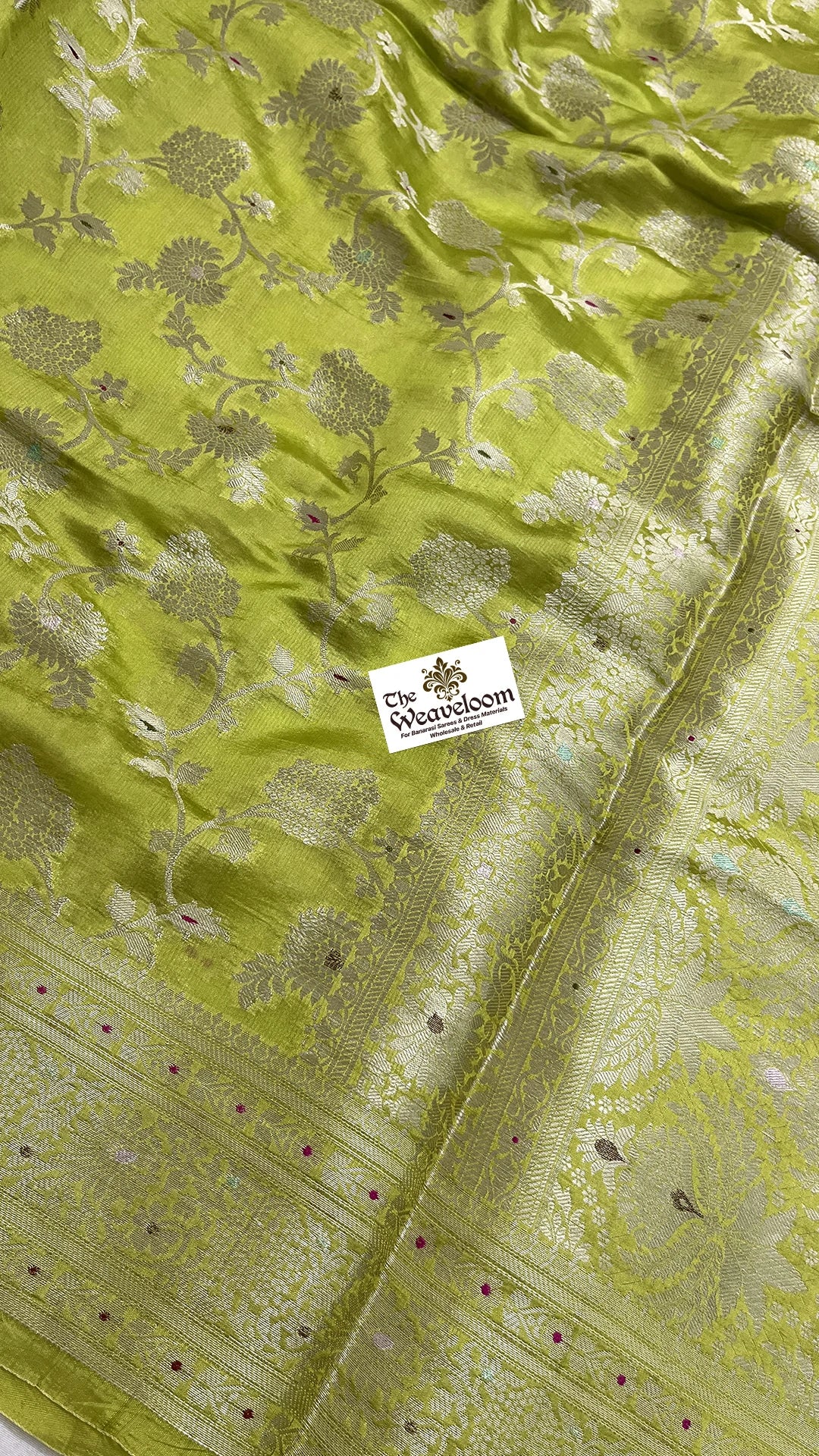 Pista Green Pure Dupion Silk Banarasi Saree with Floral Jaal and Meenakari Pallu by The Weaveloom