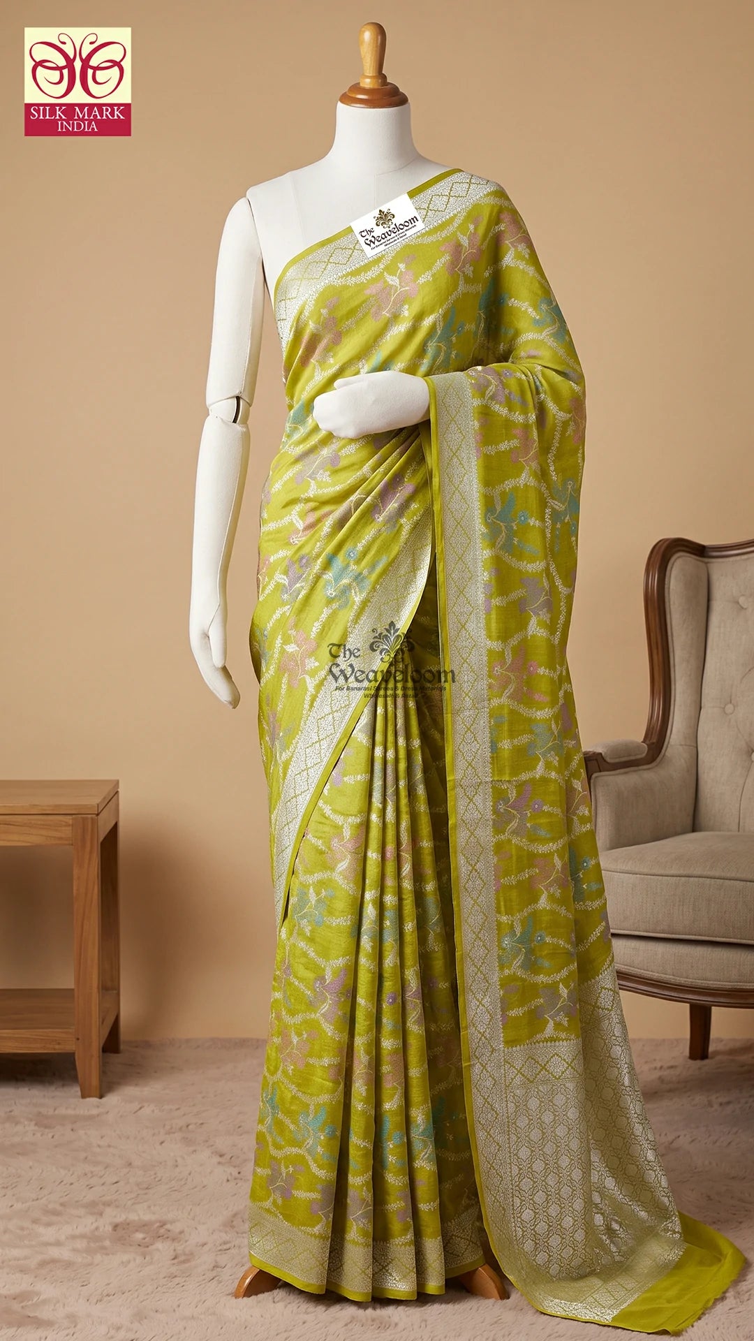 Pista Green Meenakari Floral Tussar Georgette Pure Banarasi Saree by The Weaveloom