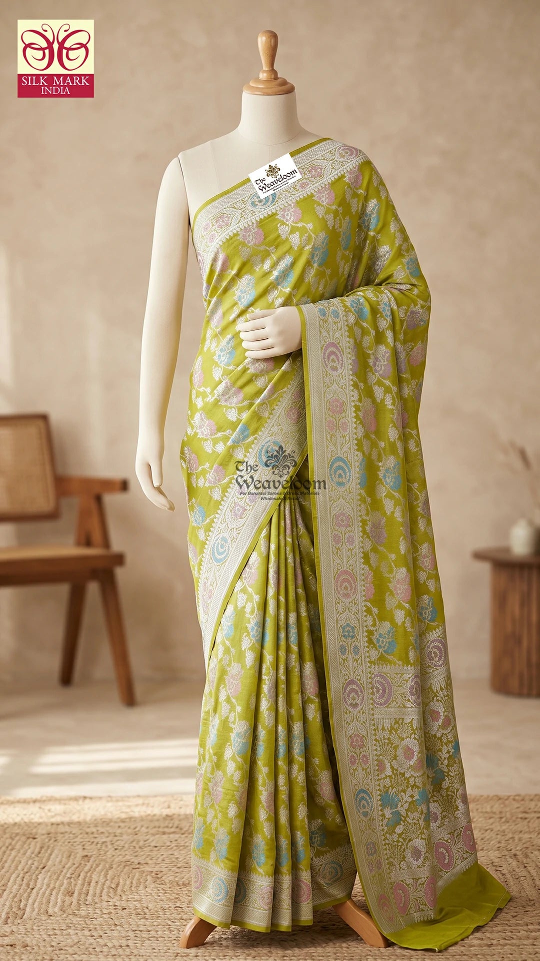 Pista Green Meenakari Floral Tussar Georgette Pure Banarasi Saree by The Weaveloom