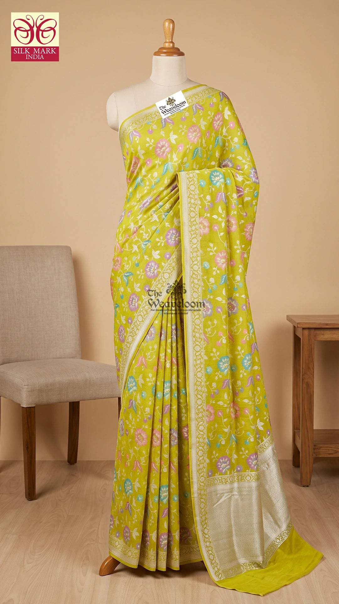 Pista Green Meenakari Floral Tussar Georgette Pure Banarasi Saree by The Weaveloom
