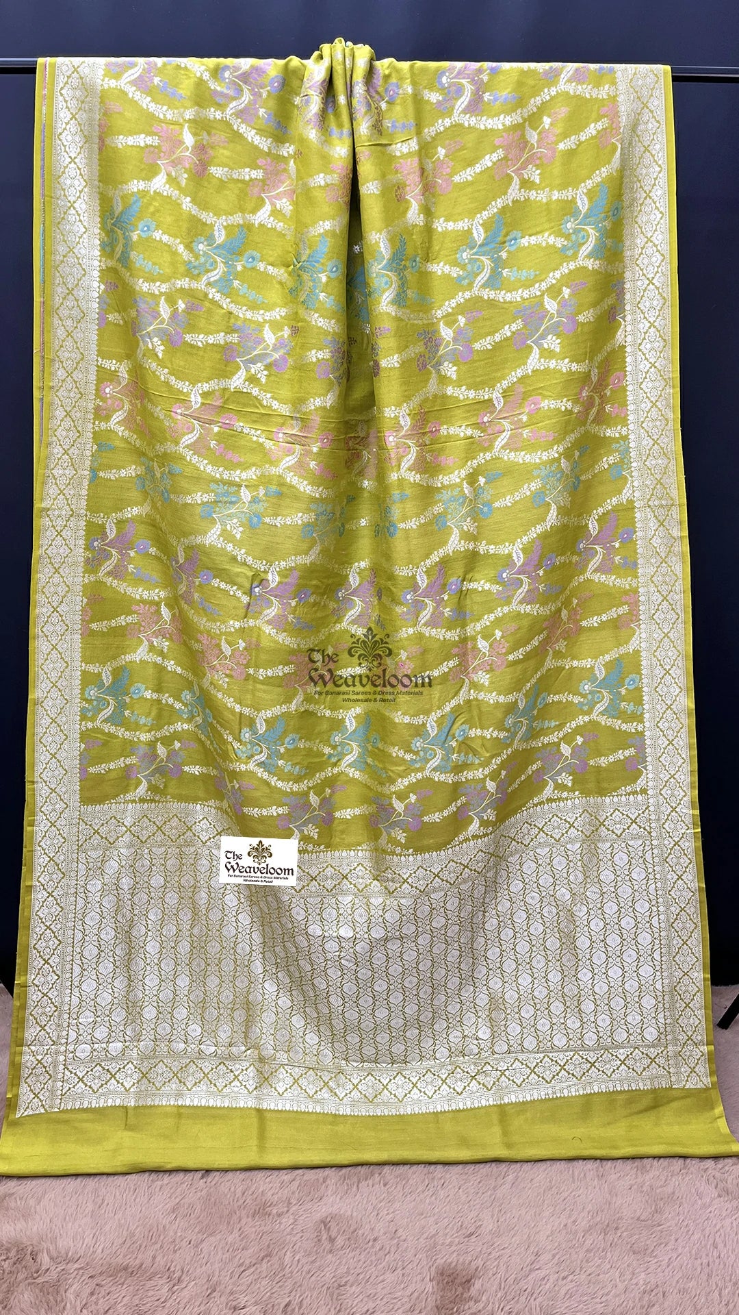 Pista Green Meenakari Floral Tussar Georgette Pure Banarasi Saree by The Weaveloom