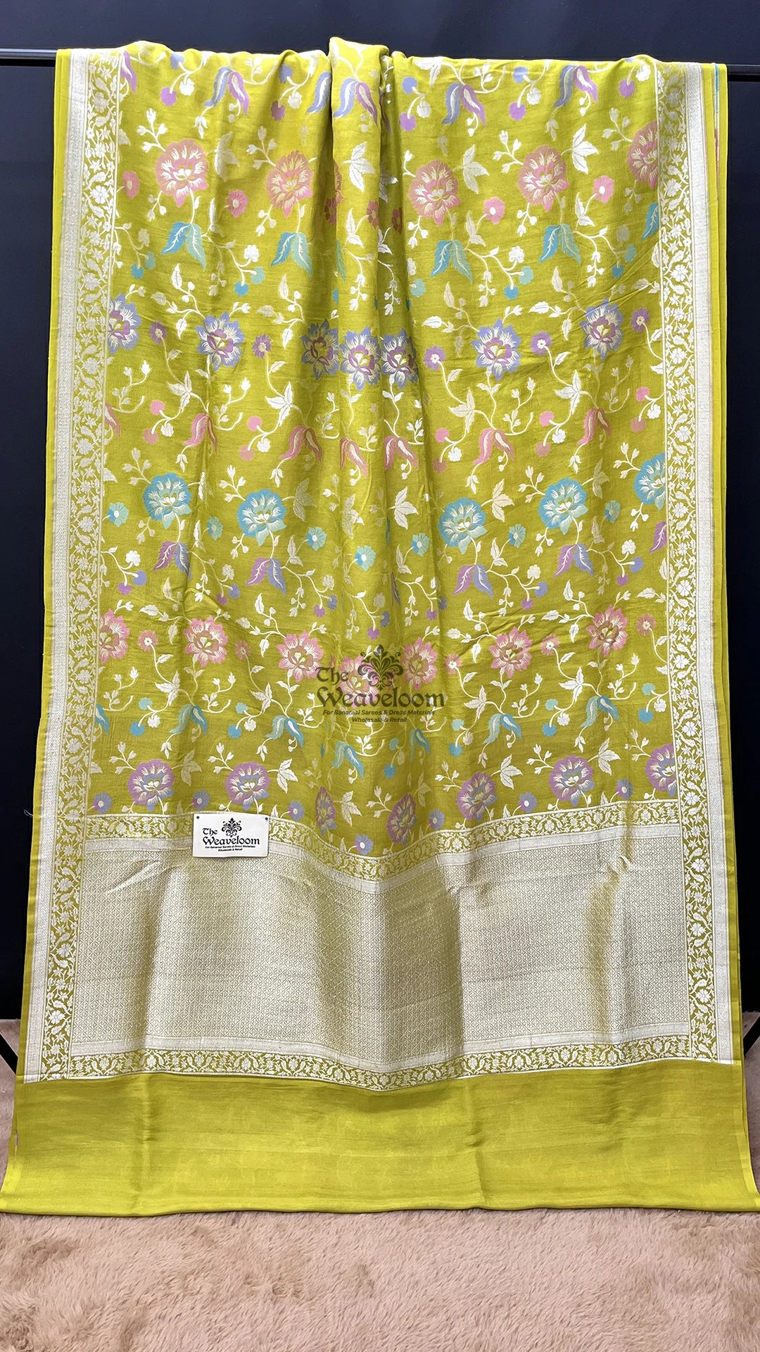Pista Green Meenakari Floral Tussar Georgette Pure Banarasi Saree by The Weaveloom