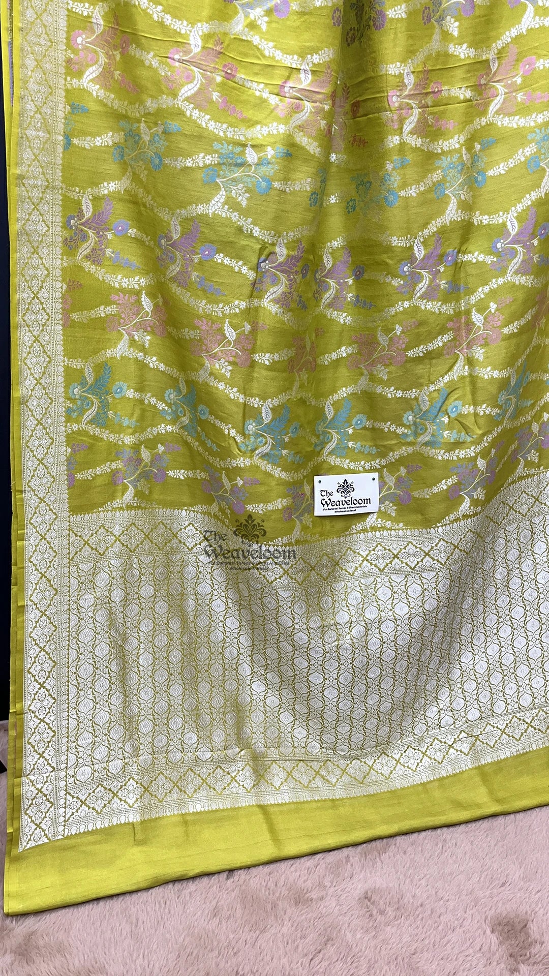 Pista Green Meenakari Floral Tussar Georgette Pure Banarasi Saree by The Weaveloom