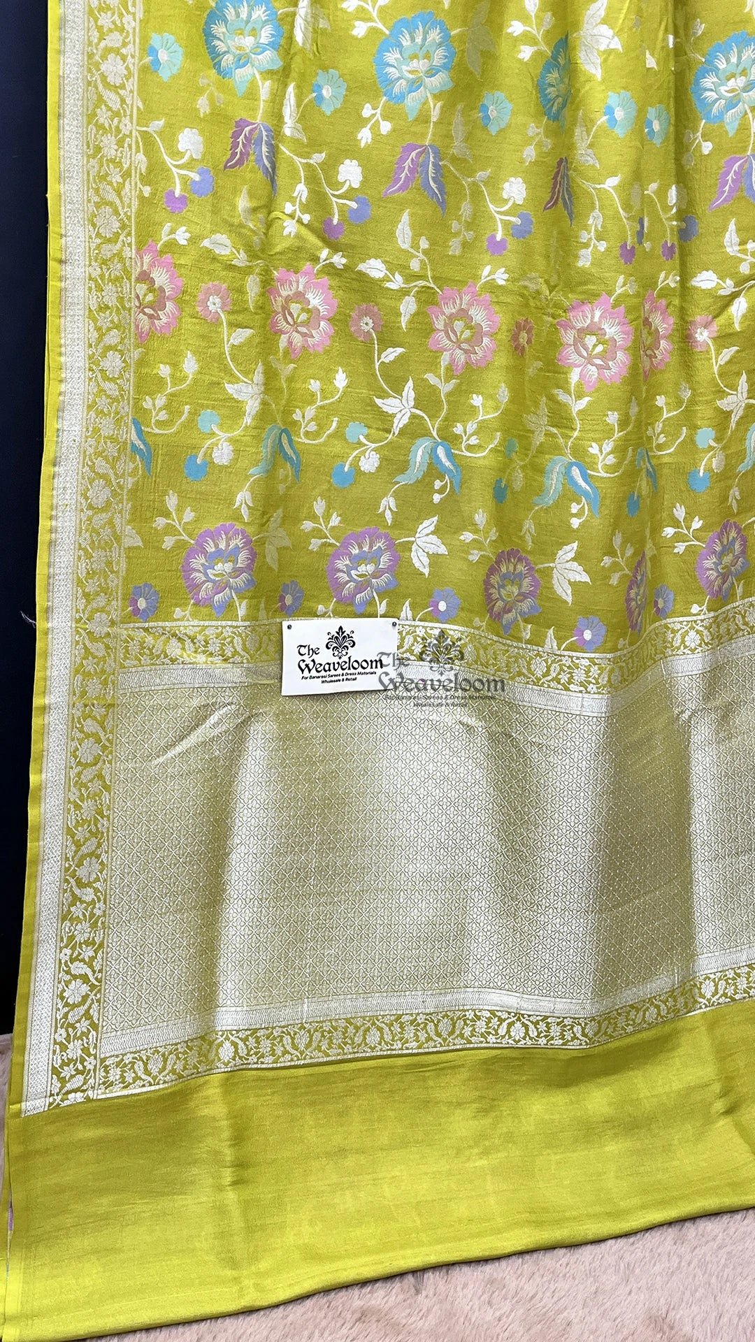 Pista Green Meenakari Floral Tussar Georgette Pure Banarasi Saree by The Weaveloom