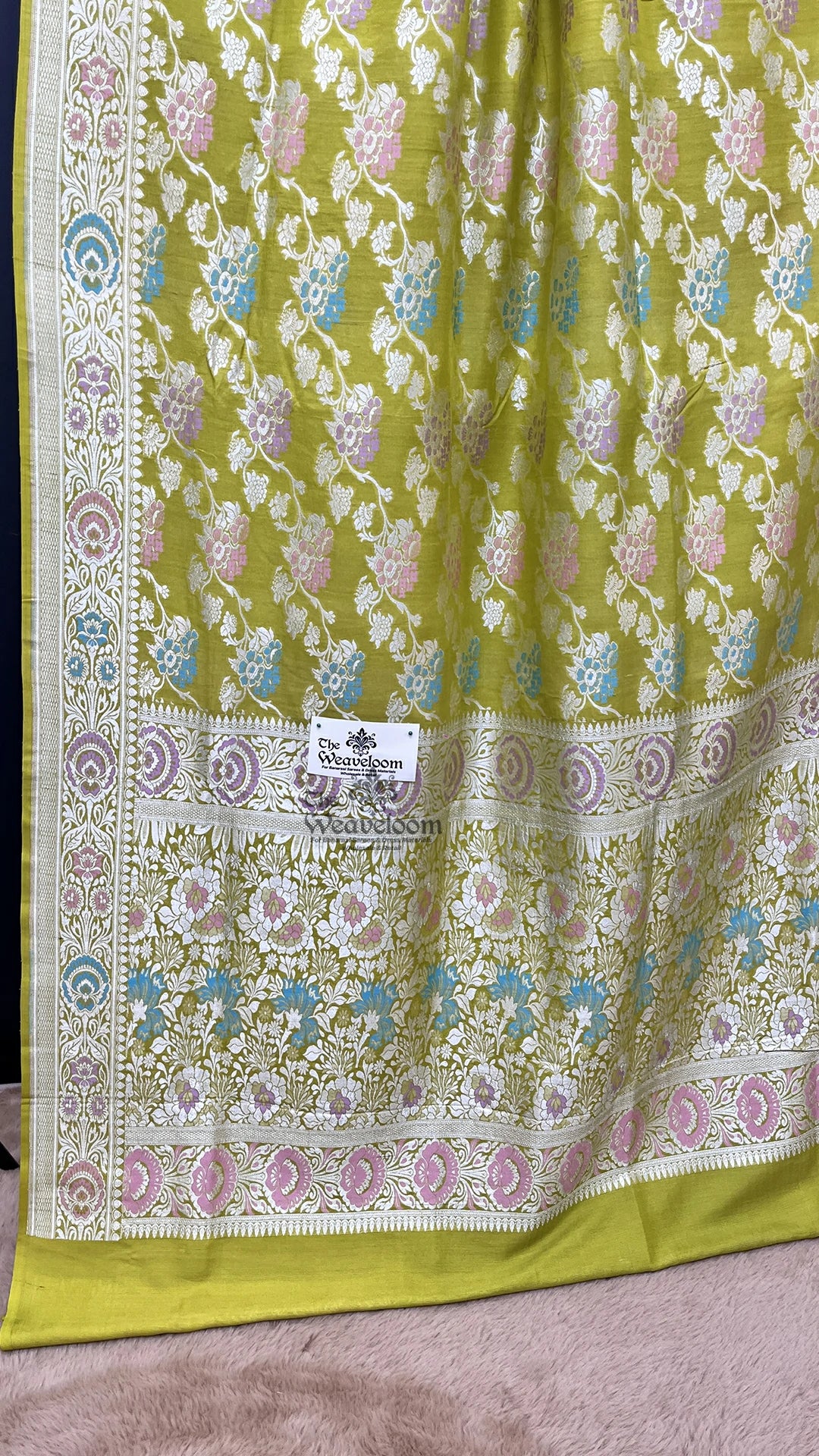 Pista Green Tussar Georgette Meenakari Floral Pure Banarasi Saree