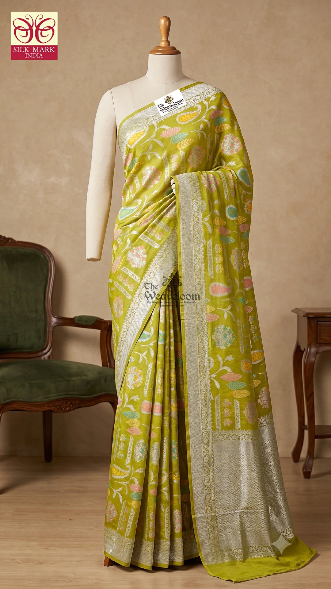 Pista Green Meenakari Paisley Pure Tussar Georgette Banarasi Saree by The Weaveloom