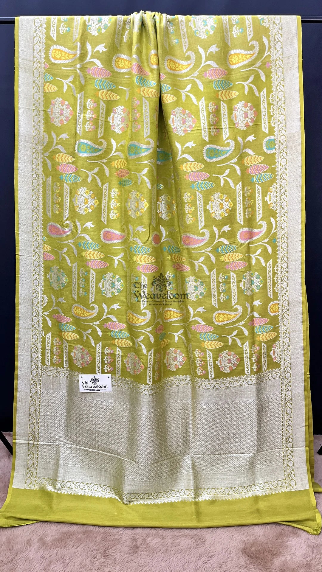 Pista Green Meenakari Paisley Pure Tussar Georgette Banarasi Saree by The Weaveloom