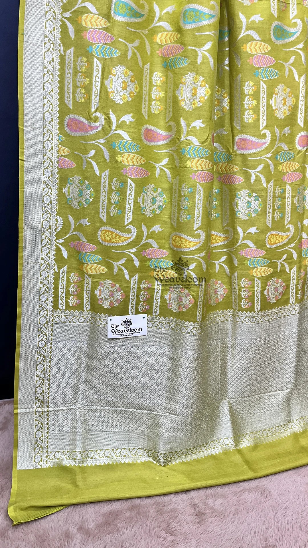 Pista Green Meenakari Paisley Pure Tussar Georgette Banarasi Saree by The Weaveloom
