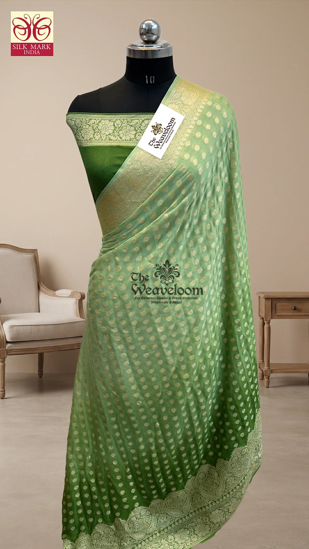 Pista Green Ombre Floral Buta Crepe Georgette Pure Banarasi Saree by The Weaveloom