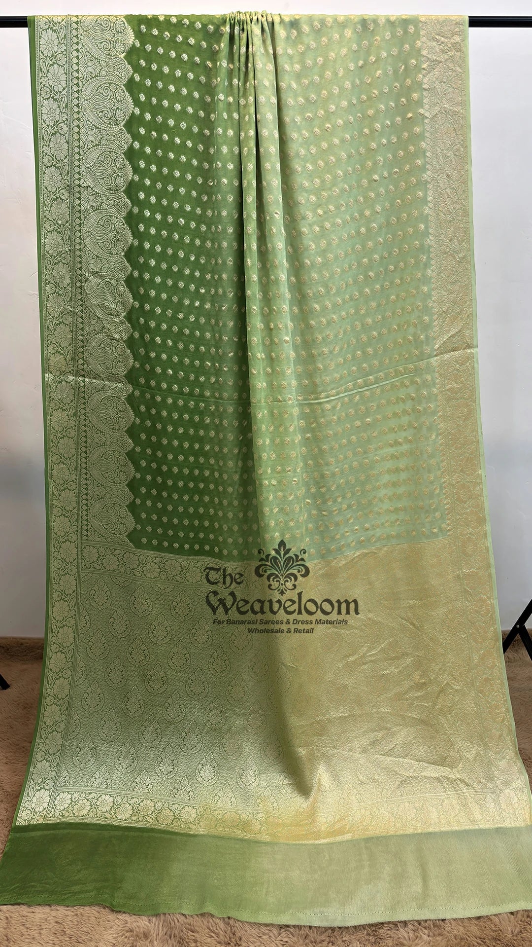Pista Green Ombre Floral Buta Crepe Georgette Pure Banarasi Saree by The Weaveloom