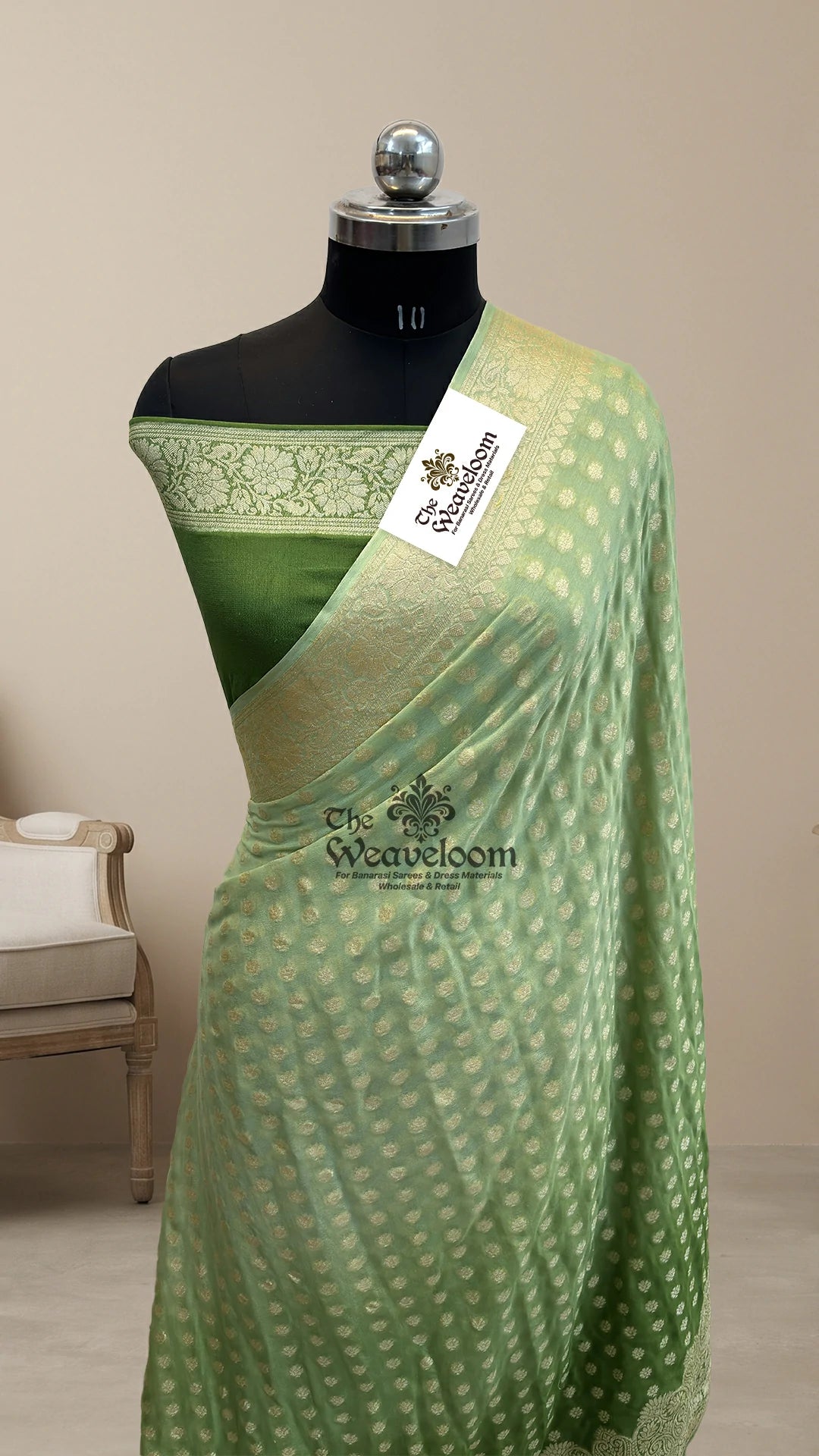 Pista Green Ombre Floral Buta Crepe Georgette Pure Banarasi Saree by The Weaveloom