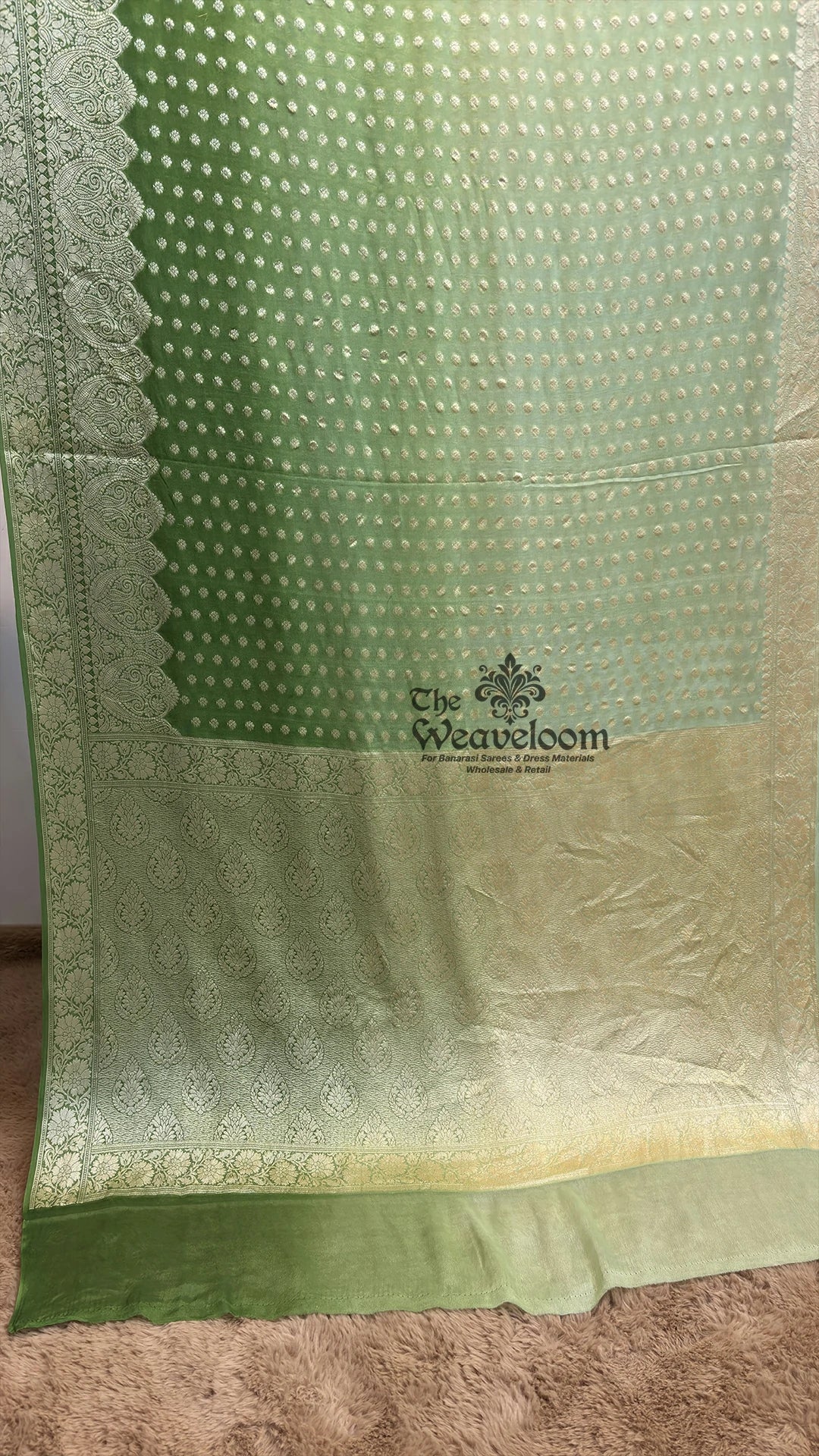 Pista Green Ombre Floral Buta Crepe Georgette Pure Banarasi Saree by The Weaveloom