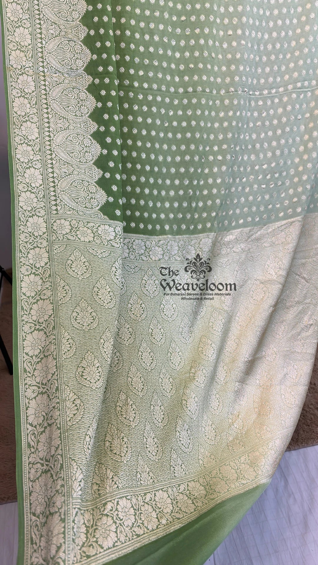 Pista Green Ombre Floral Buta Crepe Georgette Pure Banarasi Saree by The Weaveloom