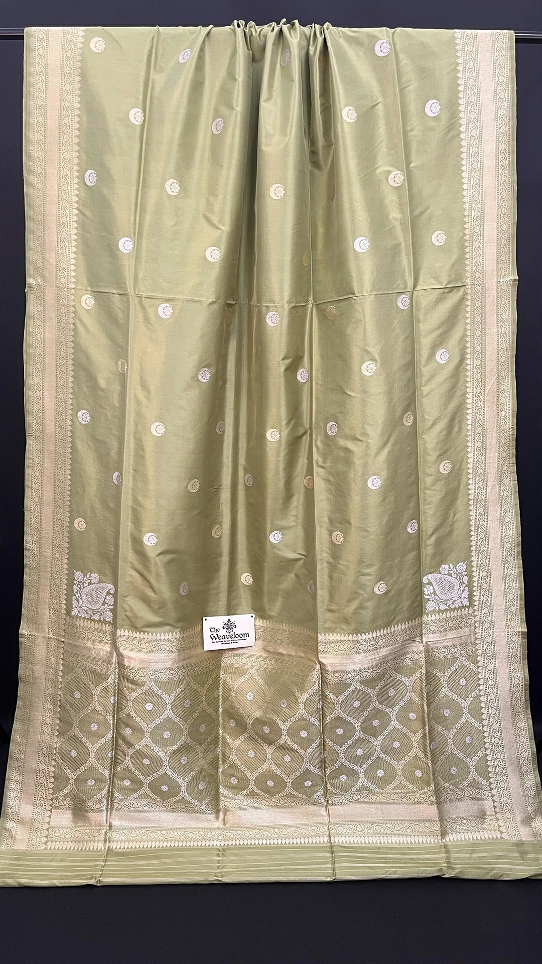 Pista Green Pure Katan Silk Handloom Banarasi Saree with Sona Rupa Chand Tara Motifs by The Weaveloom