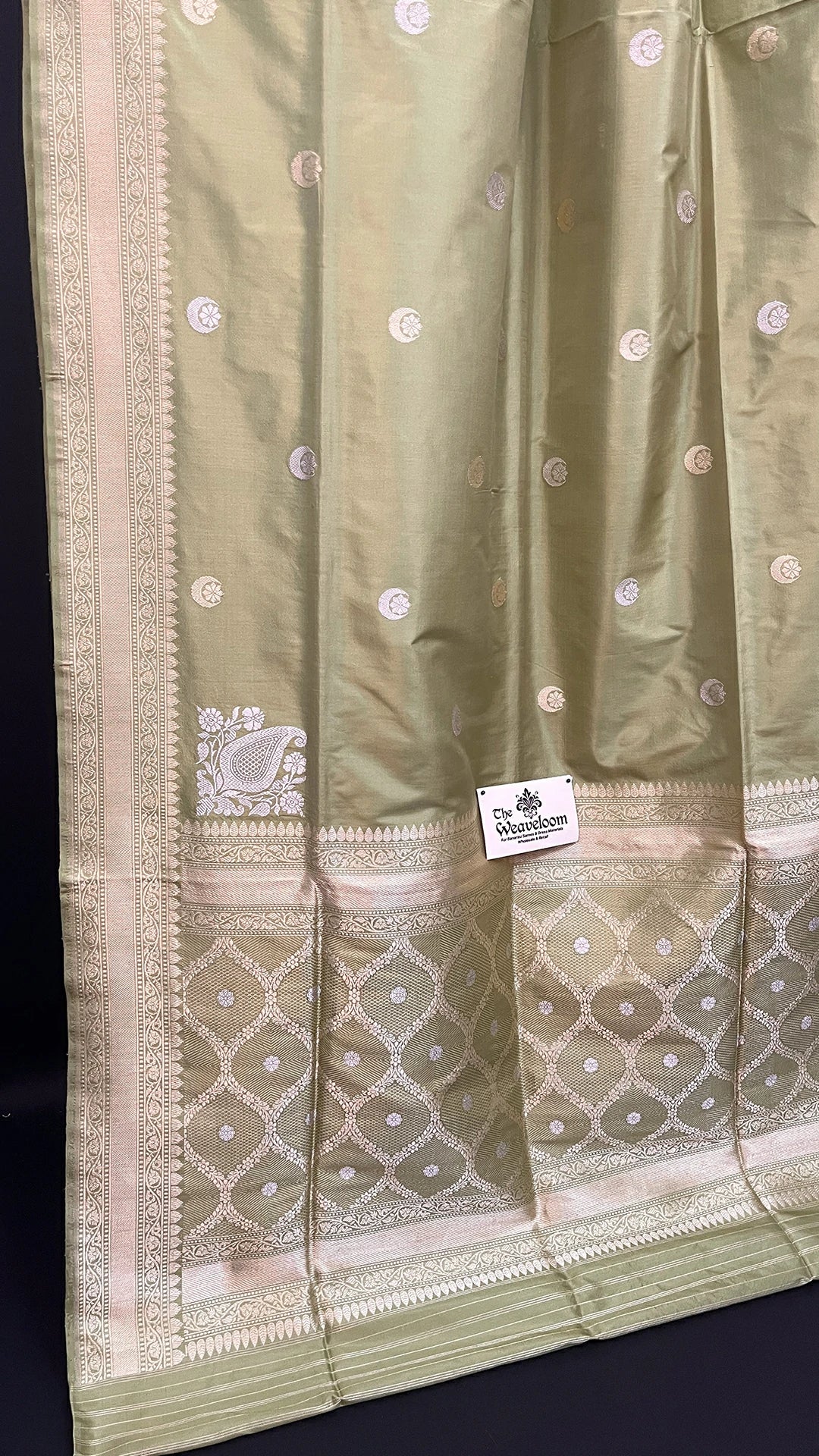 Pista Green Pure Katan Silk Handloom Banarasi Saree with Sona Rupa Chand Tara Motifs by The Weaveloom