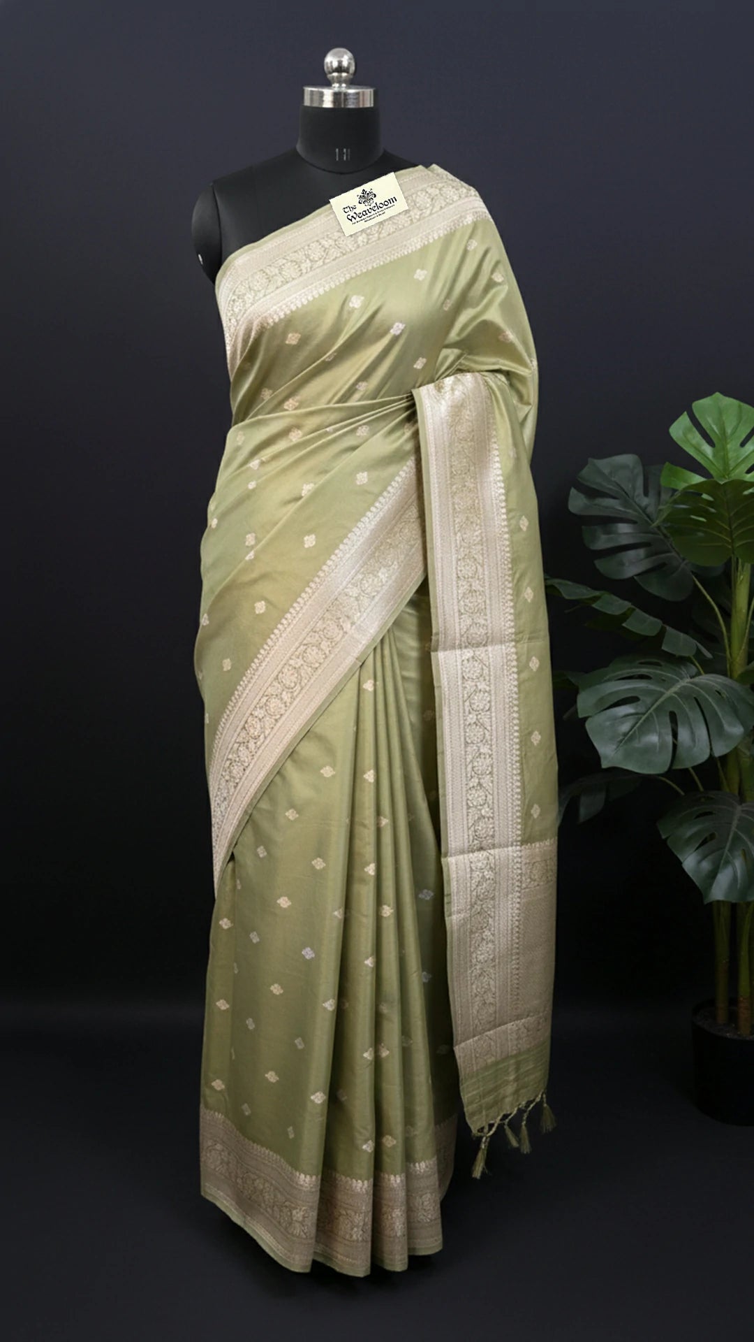 Pista Green Pure Katan Silk Handloom Banarasi Saree with Sona Rupa Zari Buti and Silver Zari Border by The Weaveloom