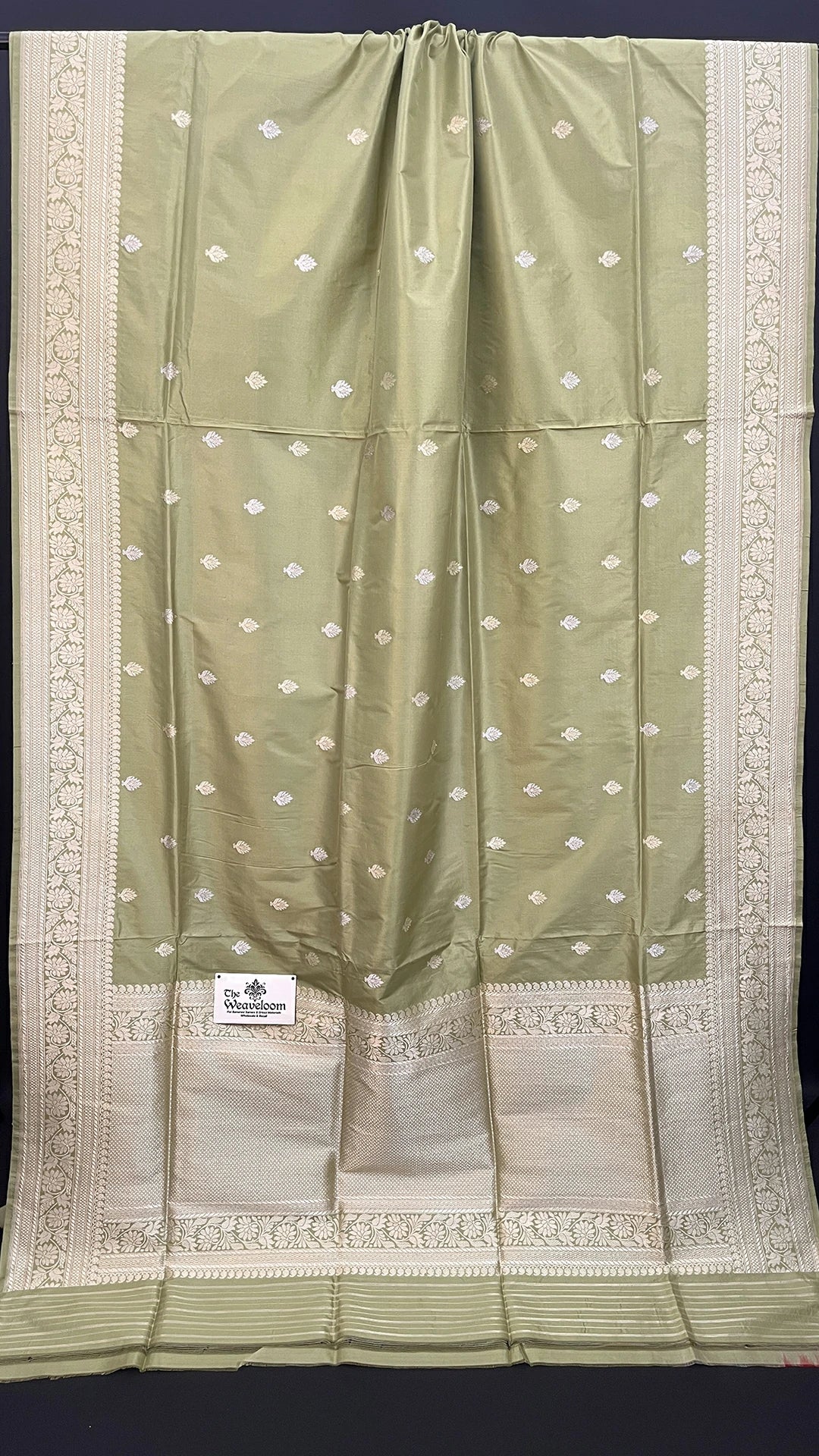Pista Green Pure Katan Silk Handloom Banarasi Saree with Sona Rupa Zari Buti and Silver Zari Border by The Weaveloom