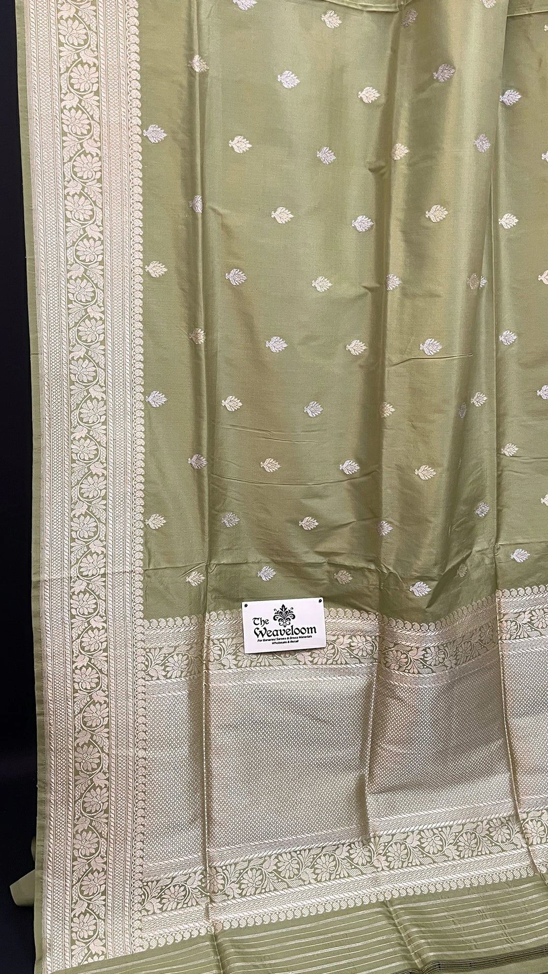Pista Green Pure Katan Silk Handloom Banarasi Saree with Sona Rupa Zari Buti and Silver Zari Border by The Weaveloom