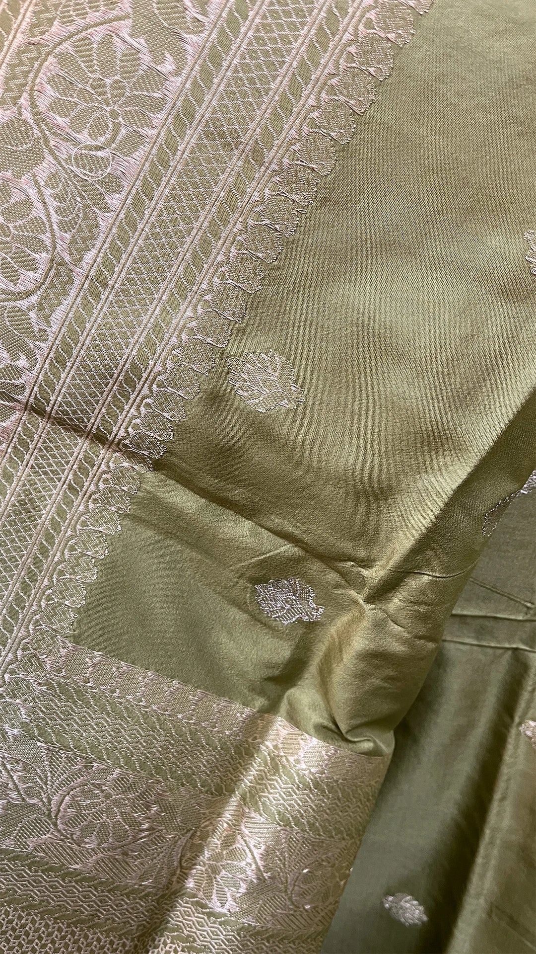 Pista Green Pure Katan Silk Handloom Banarasi Saree with Sona Rupa Zari Buti and Silver Zari Border by The Weaveloom