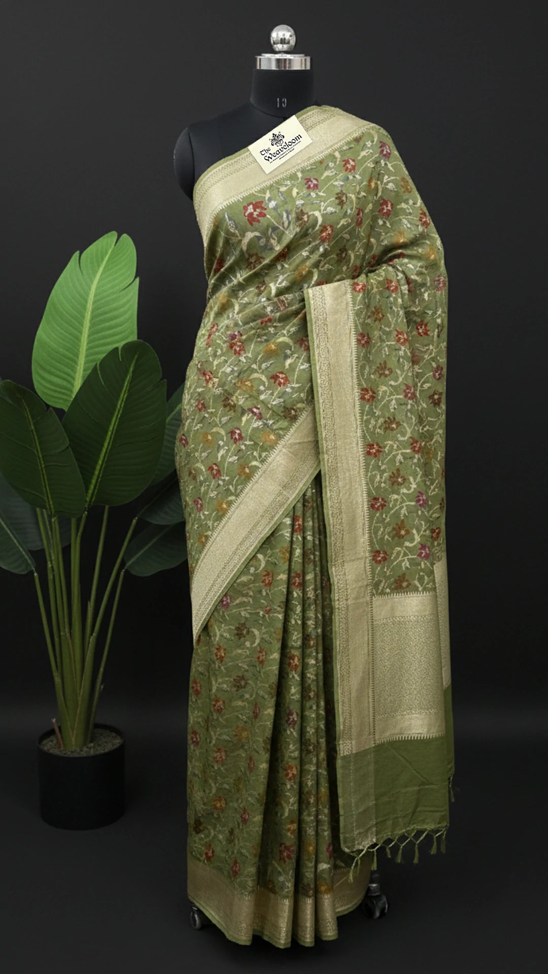 Pista Green Pure Munga Silk Banarasi Saree with Floral Meenakari Jaal Work by The Weaveloom